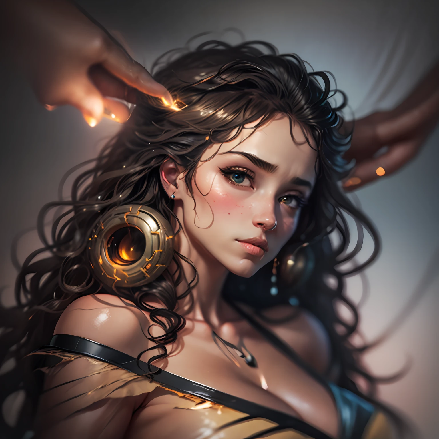 Super Big, Face Close, (hazel eyes), African and Latin style, curly hair, closed mouth, delicate big cheeks, Surrealism, 8k, super detail, masterpiece, best quality, (extremely detailed CG unity 8k wallpaper), (best quality), (best illustration), (best shadow), absurdres, realistic lighting, (Abyss), beautiful detailed glow, art by PeterMohrBacher