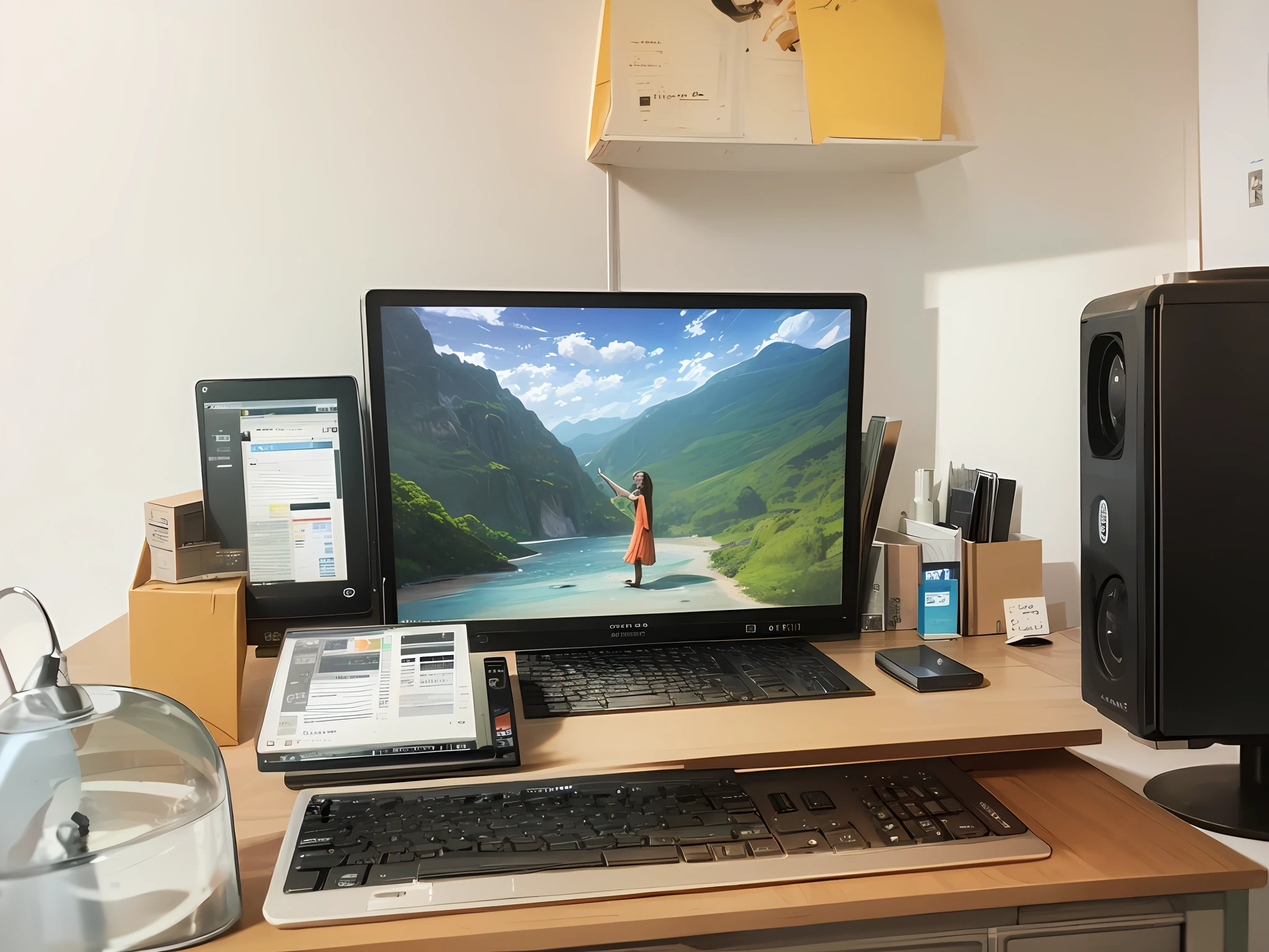 there is a computer monitor and keyboard on a desk, intrincado detalhado 8 mil, computer setup, monitor de computador, tela colorida do computador, monitor de computador grande, Desktopografia, imagem da tela do pc, tudo cabe na tela, 8 mil. preenchimento da vista, home office, Tiro de 8 mil de largura, na frente de um computador