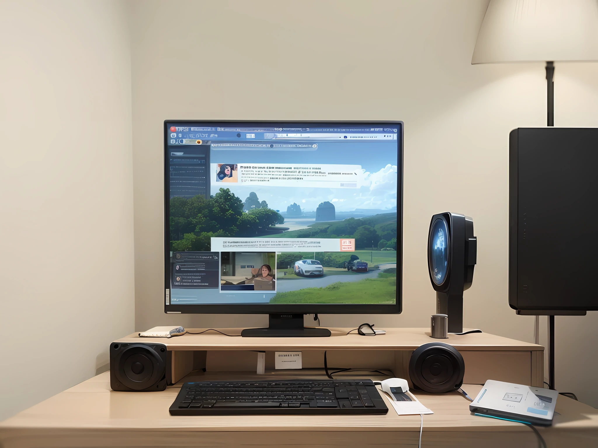there is a computer monitor and keyboard on a desk, intrincado detalhado 8 mil, computer setup, monitor de computador, tela colorida do computador, monitor de computador grande, Desktopografia, imagem da tela do pc, tudo cabe na tela, 8 mil. preenchimento da vista, home office, Tiro de 8 mil de largura, na frente de um computador
