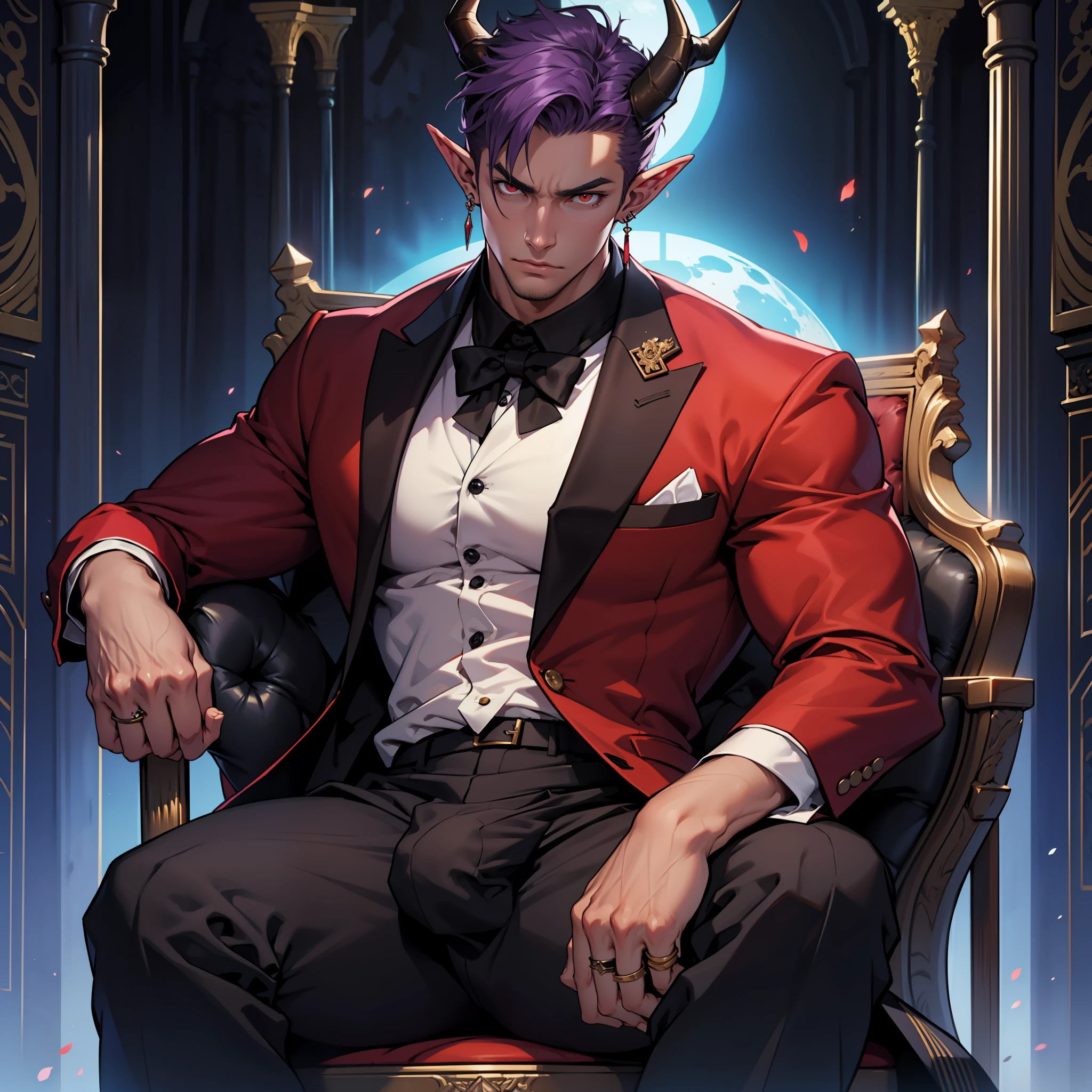 Handsome male, purple hair, short hair, detailed body, detailed hands, horns, expressionless, arrogant expression, red eyes, roman nose, almond eyes, red tuxedo, black shirt, black tie, cocky, nightfall, handsome, bushy brows, pointy ears, ear piercings, rings, good looking, tattoos, dark skin, brown skin, charming, good quality, huge bulge in pants, manly, sitting on throne