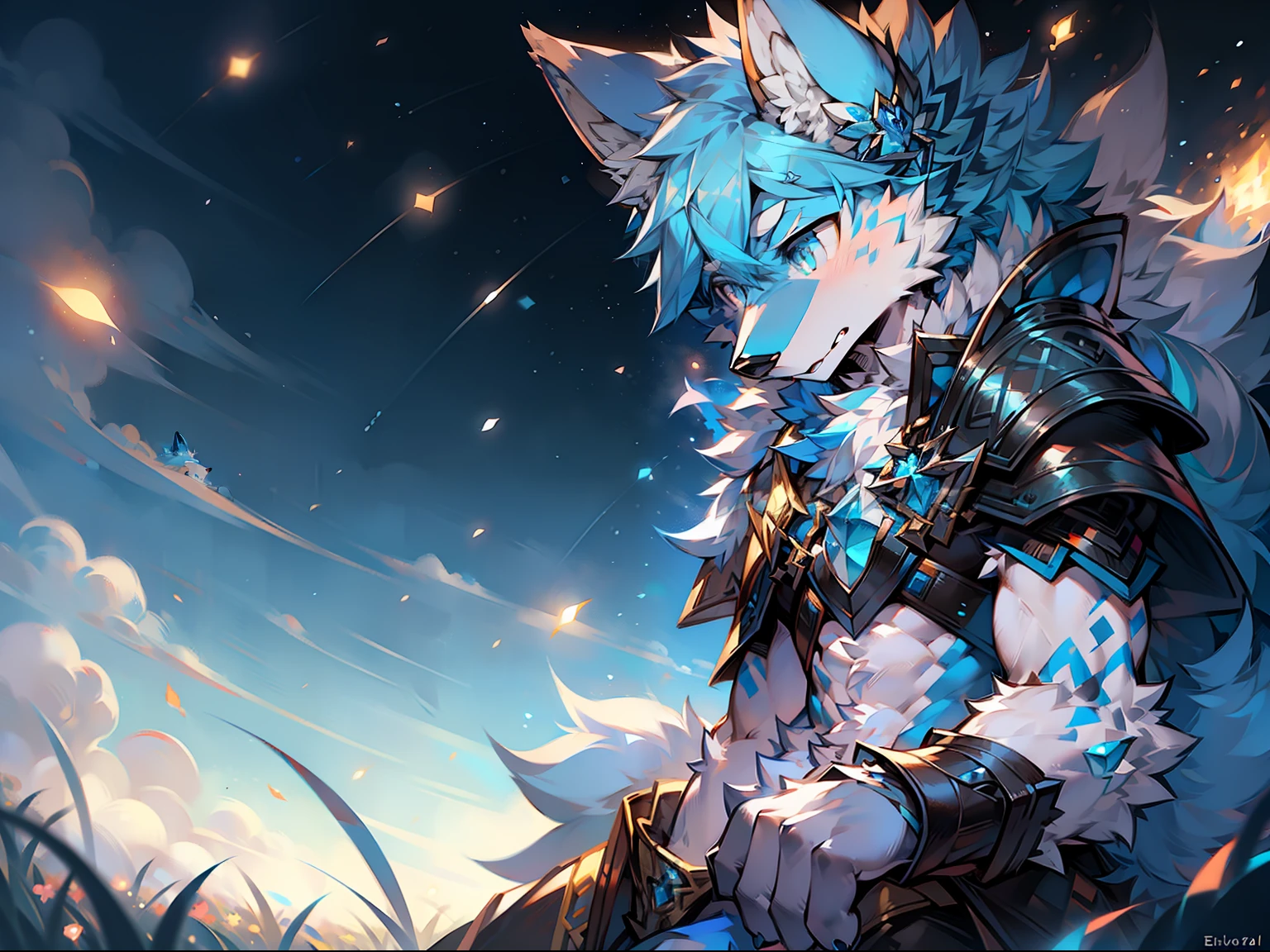 solo person，Wolf head，Wolf tail，male people，musculature，sexy
Light blue ears，Pale blue hair，White belly，Sky blue pupils，There is fur on the arms，There is fur on the legs，The whole body is covered with fur，being in the grassland，Behind it is a starry sky，Fireflies all around，Mage Light Armor，Melee Mage，sideface