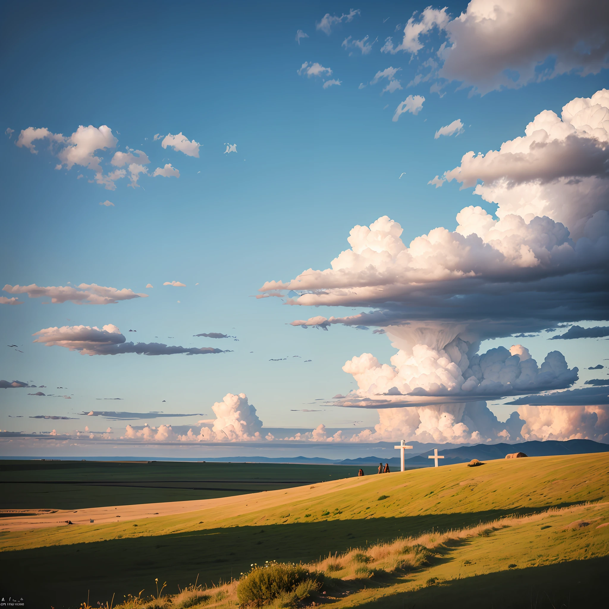 crosses，Standing on the steppe，There are no characters，Peace on the Lord's Day is written in the sky --auto