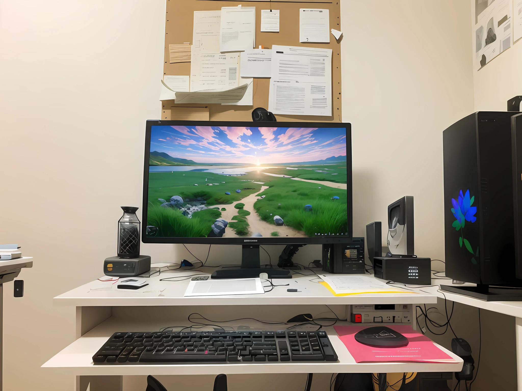 there is a computer monitor and keyboard on a desk, intrincado detalhado 8 mil, computer setup, monitor de computador, tela colorida do computador, monitor de computador grande, Desktopografia, imagem da tela do pc, tudo cabe na tela, 8 mil. preenchimento da vista, home office, Tiro de 8 mil de largura, na frente de um computador