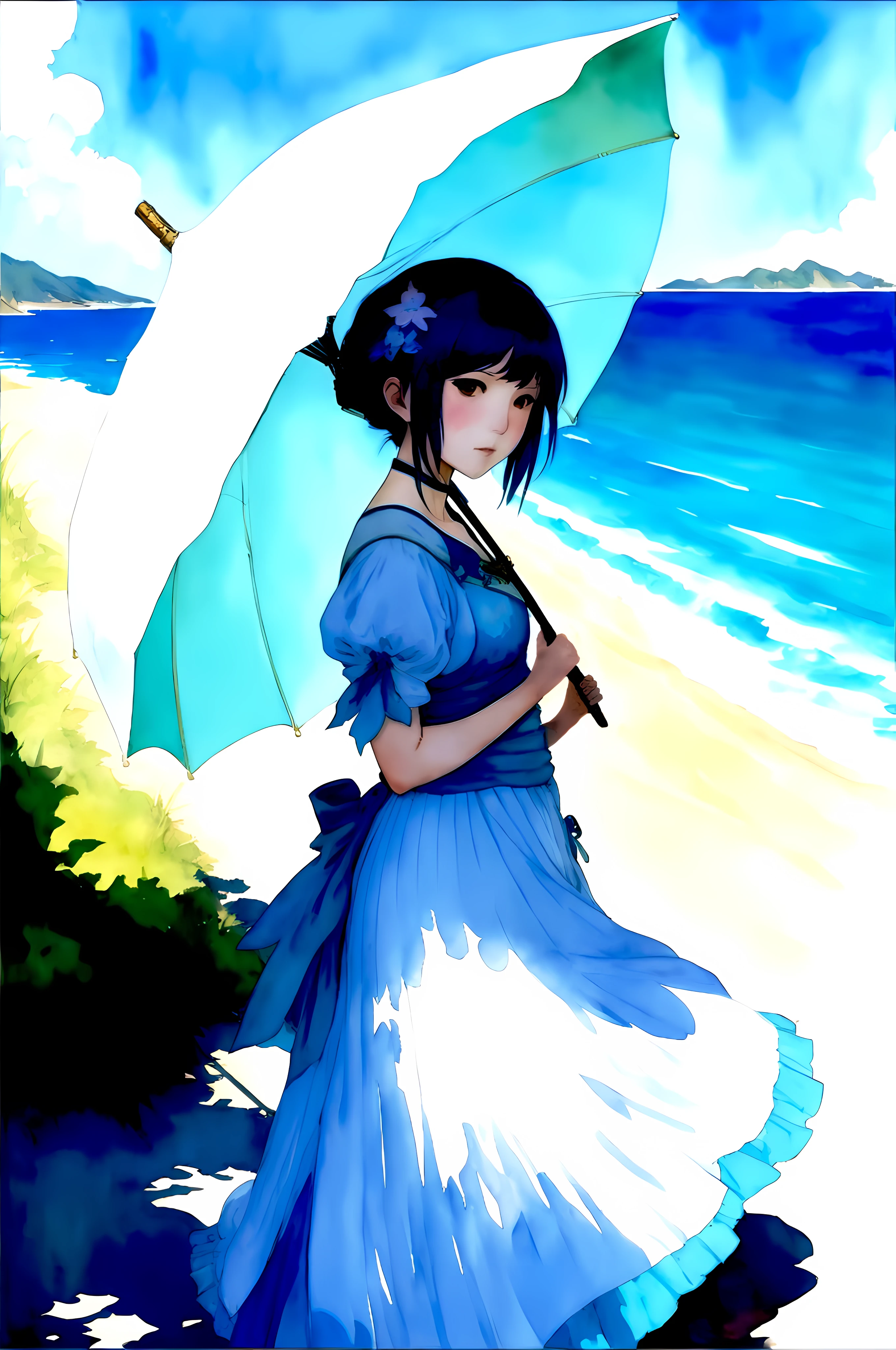Drawing of a woman in a blue dress holding an umbrella, in dress, beautiful anime style, made with anime painter studio, Lori, guweiz, (Anime Girl), anime moe art style, beautiful anime art style, Beautiful anime girl, digital art in anime style, artwork in the style of guweiz, beautiful anime woman, romanticism lain