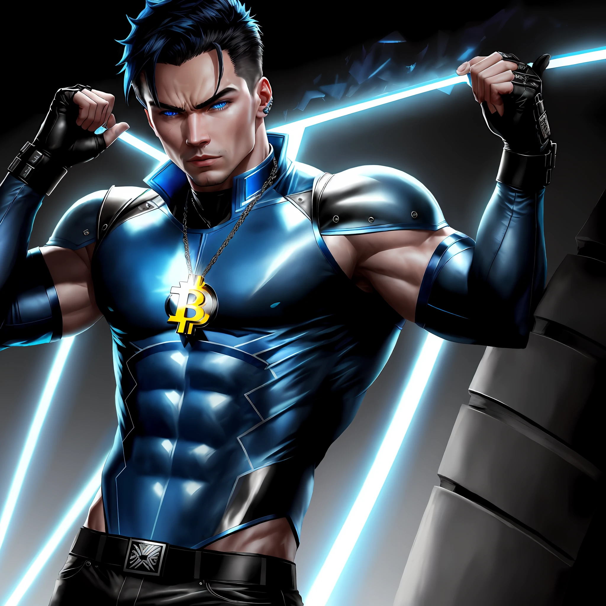 The iconic Sub Zero, with his pale skin and piercing blue eyes, sports a bitcoin necklace around his neck, adding a modern twist to your already imposing look. His realistic appearance is portrayed to perfection, destacando cada detalhe de sua armadura azul brilhante e seu rosto frio e determinado. The bitcoin necklace adds an element of wealth and power to your persona, showing that he is a master of both combat and the digital world. bitcoin