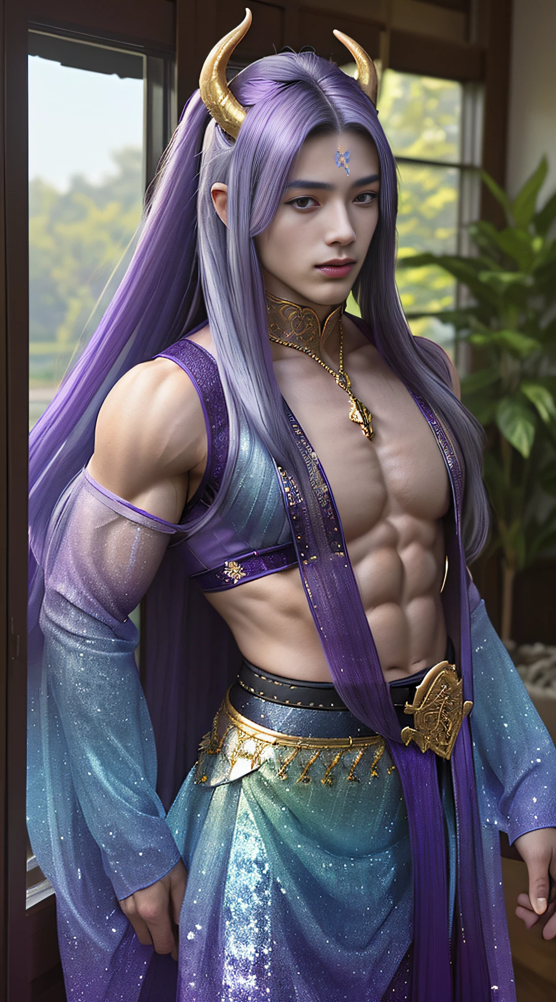 ((best quality)), ((masterpiece)), ((ultra-detailed)), ONYX11, A 25-year-old mature male with strong muscles, very detailed flawless face, seductive smile, Realistic face, realistic eyes, (mismatched pupils), pair of black demon horns pointing towards the face, (muscular) bodybuilder, ((big muscles)), ((large pectorals)), narrow waist. BREAK Look at me, Line of sight focusing, Stand, wearing a semi transparent purple arabic dance costume, with gold trim on the belt, (((Very very long purple & blue gradient hair))), (((mullet cut))), Indoor, Outside the window is the garden. BREAK textured skin, 8k