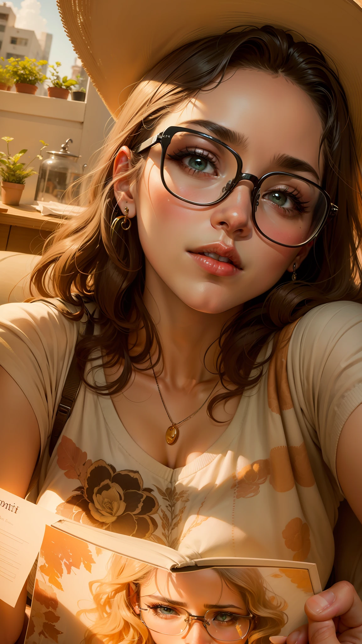 Pintura art nuevo mulher jovem bonit, muitos detalhes, White woman and black glasses, rosto arredondado, imagem extremamente detalhada, desenho estilo art nuevo, grandes bochechas