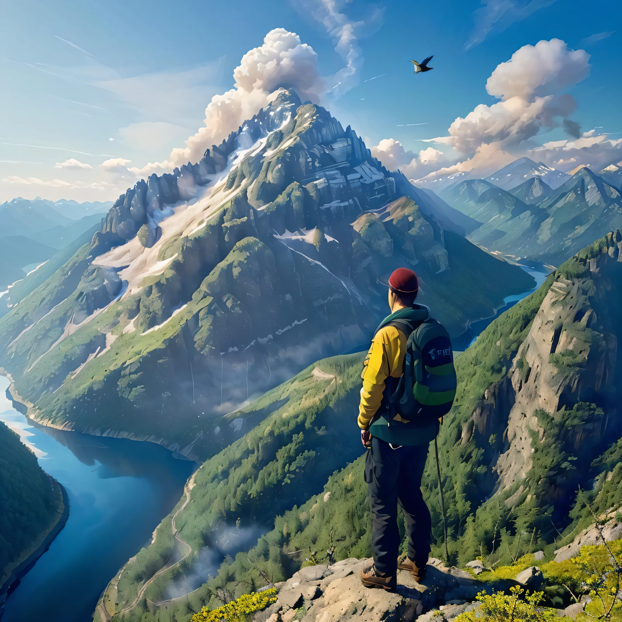 person overlooks mountain landscape from the summit, [(extreme long shot), ultra-wide angle, overhead shot, blue sky::0.2], [(mountain river), (green forest):(mountain river), [green forest], person with a backpack:0.1], [[forest fire], [birds flying]:forest fire, [smoke plumes], (birds flying):0.2], [(detailed), bloom, (psychedelic vivid color), (surreal):0.5], HQ, best quality, award winning