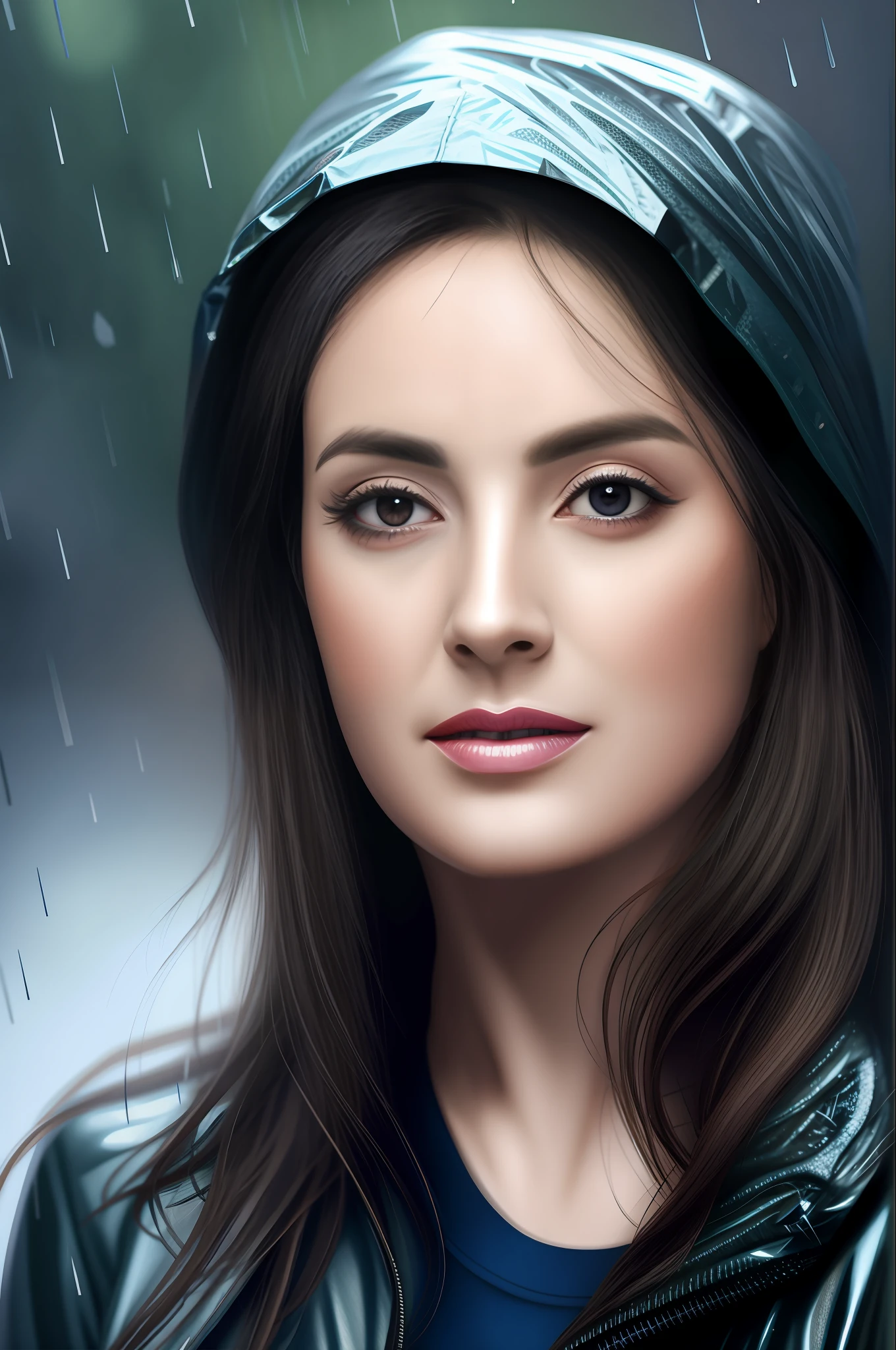 Mulher arafed em uma capa de chuva com uma camisa azul e jaqueta preta, pintura digital realista, pintura digital fotorrealista, pintura digital ultra realista, foto retrato realista, Retrato chovendo, pintura digital impressionante, arte digital. foto realista, arte digital muito realista, rosto bonito fotorrealista, lindo pintura digital, arte digital altamente realista, pintura digital brilhante, retrato realista da foto