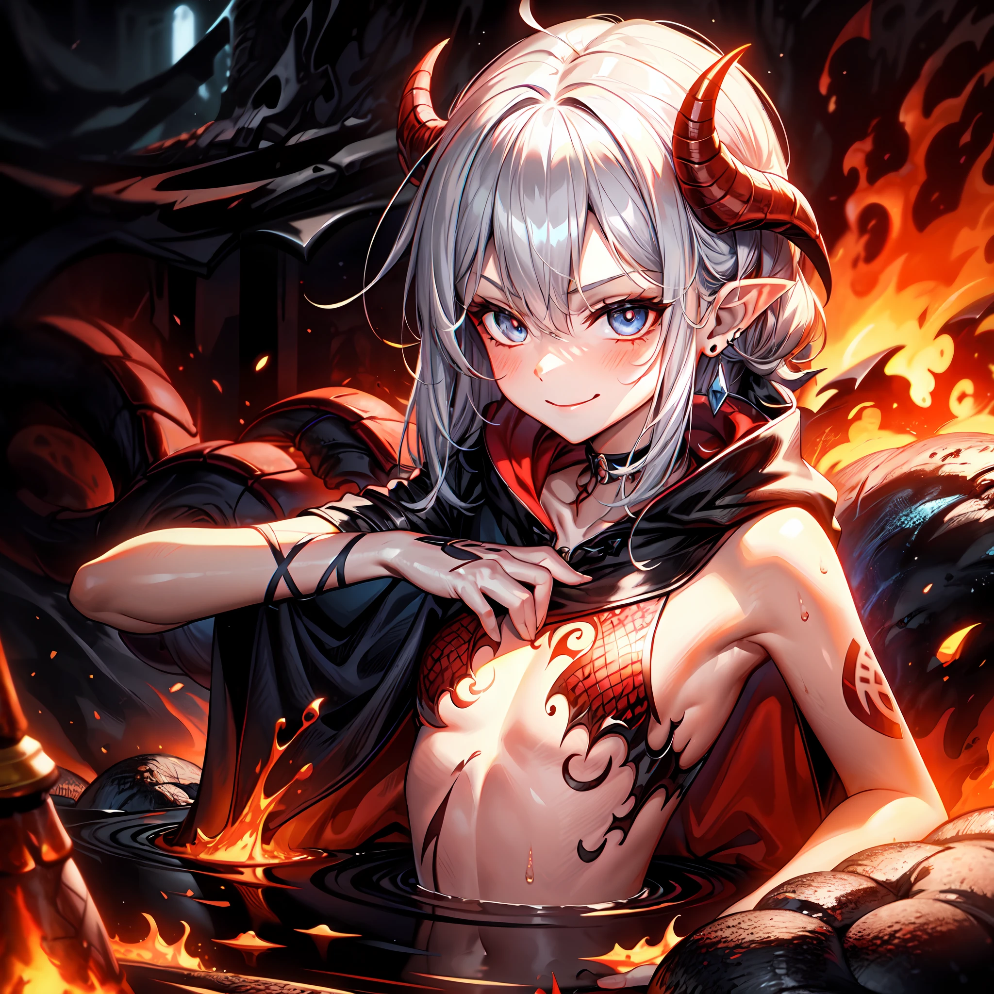 1girl,solo,(upper body,bathing),girl in lava,lava,magma,lava splash,smirk,pointy_ears,pierced earrings,small chest, tattoo,blue eyes,messy hair,long hair,silver hair,black cloak,hooded cloak,(demon tail:1.2),cream soda