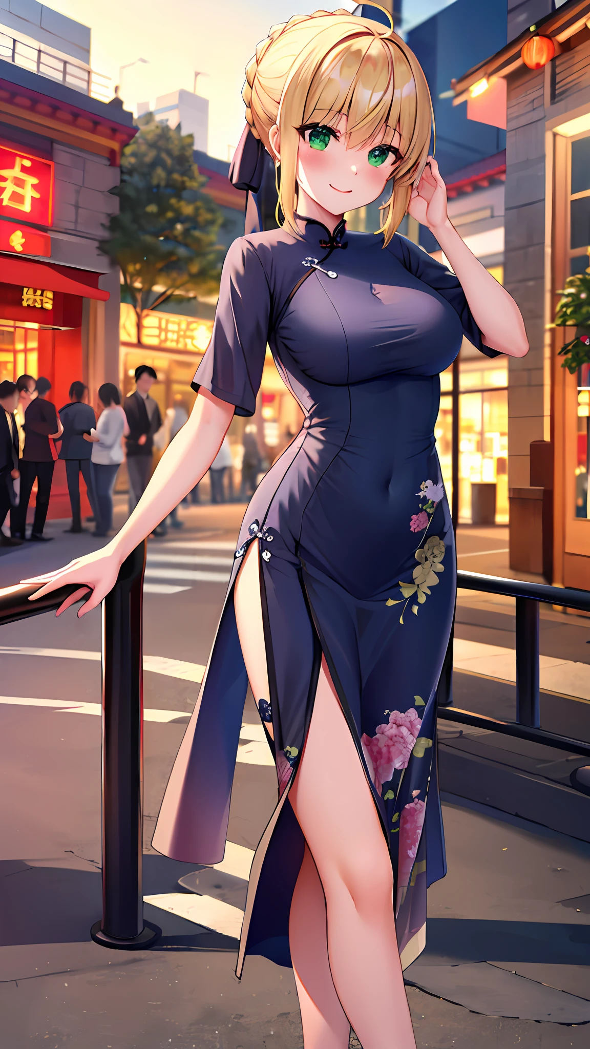 masterpiece, best quality, highres, ccsaber, blonde hair, green eyes, ahoge, chinese dress, qipao, stocking, china street, china city, outdoor, smile,  sexy pose, cleveage, breast out, blush, shy,