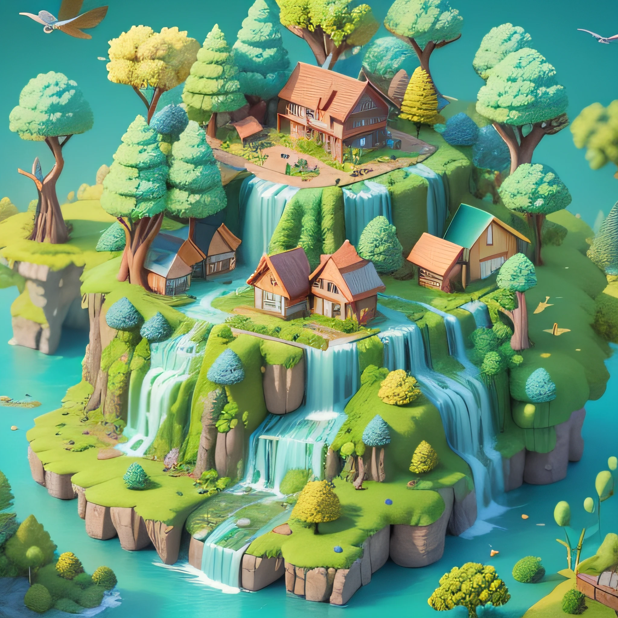 highly detailed 3D render cute isometric land with forest and animals houses in a flying island, with waterfalls and mountains, with colorful elements, kids cartoon style, high detailed textures, soft smooth textures, aqua color gradient in background.