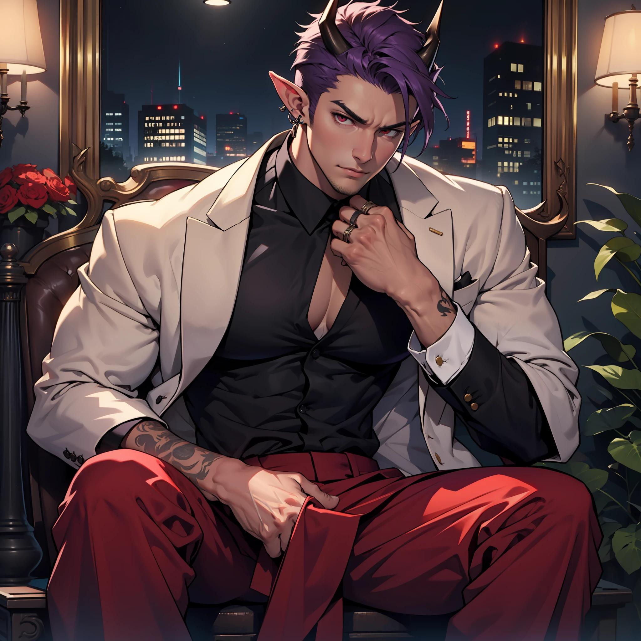 Handsome male, purple hair, short hair, detailed body, detailed hands, horns, expressionless, arrogant expression, red eyes, roman nose, almond eyes, red tuxedo, black shirt, black tie, cocky, nightfall, handsome, bushy brows, pointy ears, ear piercings, rings, good looking, tattoos, dark skin, brown skin, charming, good quality, huge bulge in pants, manly, sitting on throne