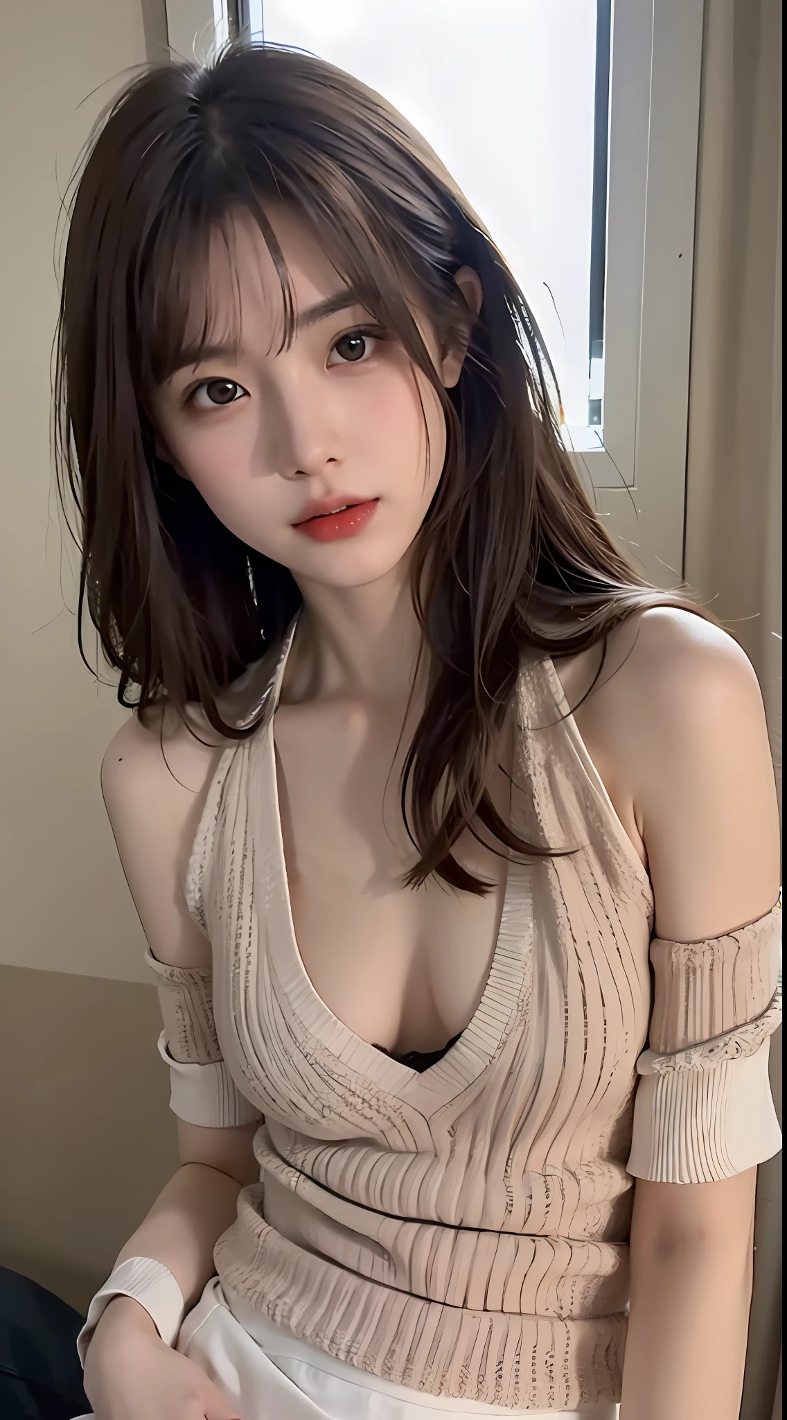 ((Realistic lighting、top-quality、in 8K、masterpiece:1.3))、Clear focus:1.2、1girl in、Perfect Body Beauty:1.4、Slim abs:1.1、((dark brown hair、small tits:1.3))、Super fine face、finely eye、二重まぶた、hair messy、Floating hair、Put your hands on the floor、Mid-waist position、
