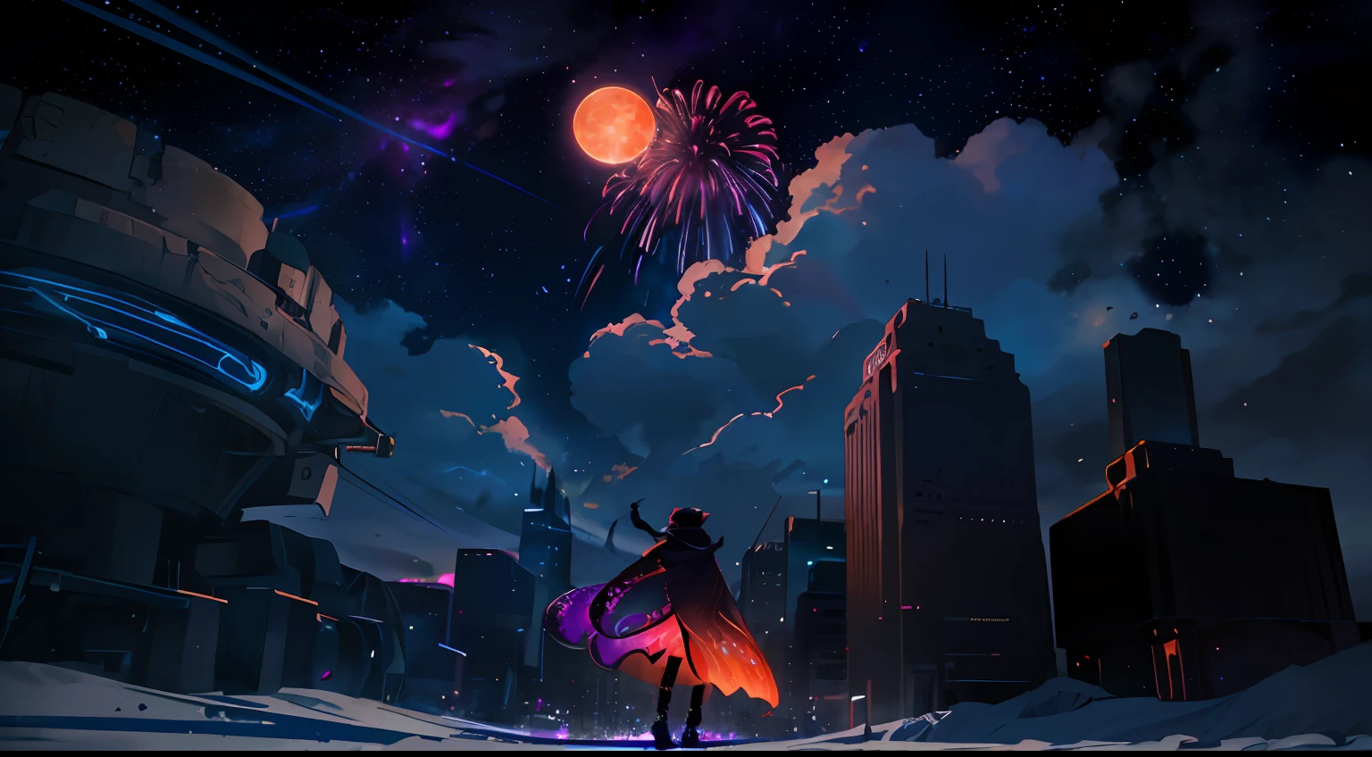 Large fireworks、Vast landscape photos、(Admire the sky and neon buildings from afar)、a guy standing looking up the sky、25 year old guy、shorth hair、A dark-haired、eye glass、loose hooded attire、dark brown skin、(fullmoon:1.2)、(shooting stars:0.9)、(nebulas:1.3)、distant buildings、Tree Break Production Art、(Warm light source: 1.2)、(fireflys:1.2、Purple and orange、intricate detailes、Volume Lighting、Realism Break(​masterpiece:1.2)(top-quality)、4K、The ultra-detailliert、(Dynamic configuration:1.4)、Highly detailed and colorful details、(Irridescent color:1.2)、(Glowing lighting、Atmospheric lighting)、dream-like、Magic、(独奏:1.2)、TOKYOcty