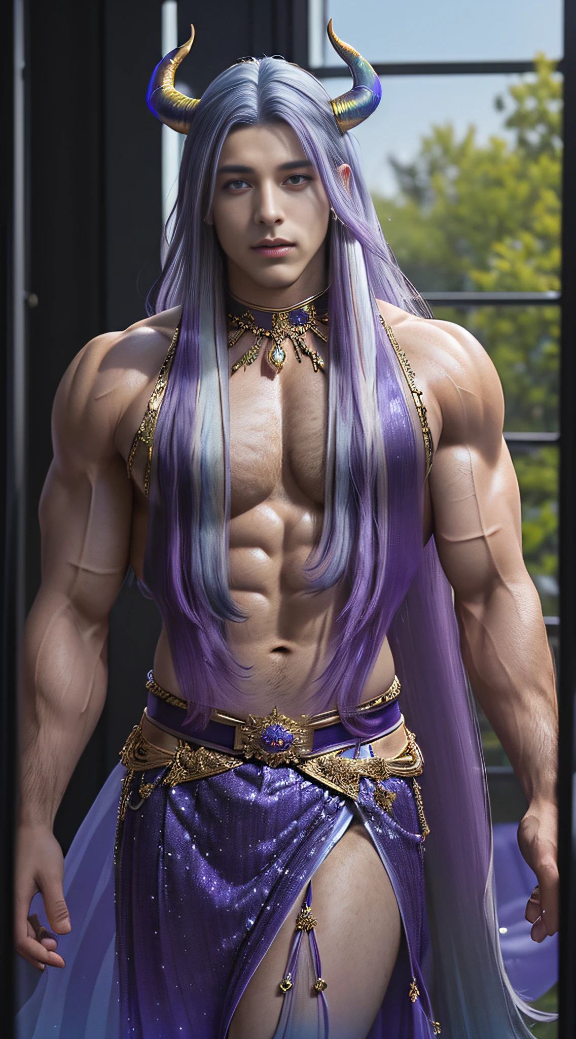 ((best quality)), ((masterpiece)), ((ultra-detailed)), ONYX11, A 25-year-old mature male with strong muscles, very detailed flawless face, seductive smile, Realistic face, realistic eyes, (mismatched pupils), pair of black demon horns pointing towards the face, (muscular) bodybuilder, ((big muscles)), ((large pectorals)), narrow waist. BREAK Look at me, Line of sight focusing, Stand, wearing a transparent purple arabic dance costume, with gold trim on the belt, (((Very very long purple & blue gradient hair))), (((mullet cut))), Indoor, Outside the window is the garden. BREAK textured skin, 8k