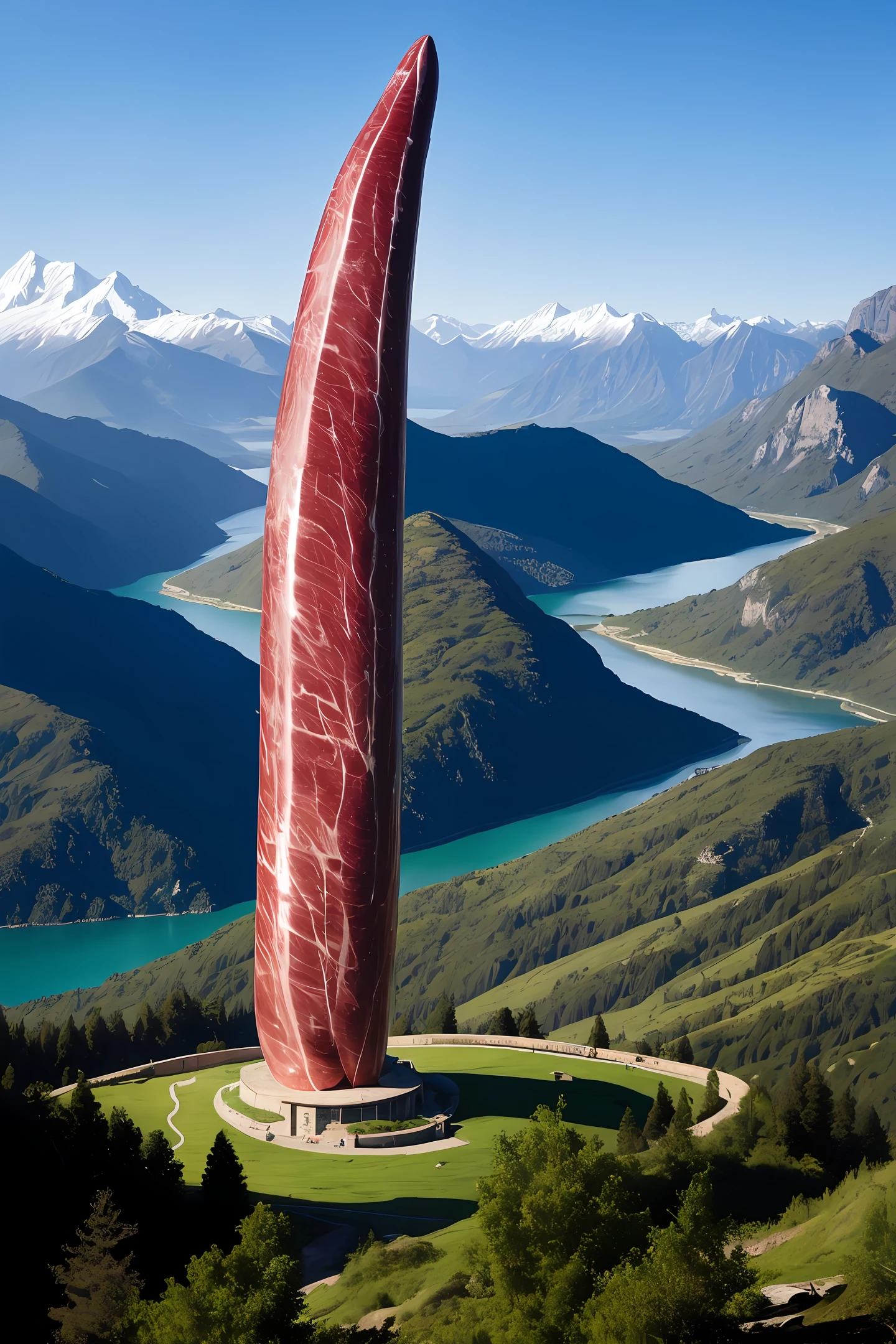 A huge red pseudo-phallus as big as a mountain has an erection，Stand between heaven and earth（lean meat:1.5）The insertion，Landscape and water，Stunning landscape，Look up at the camera,best qualityer,exteriors,Nice water,Realistic/of a real