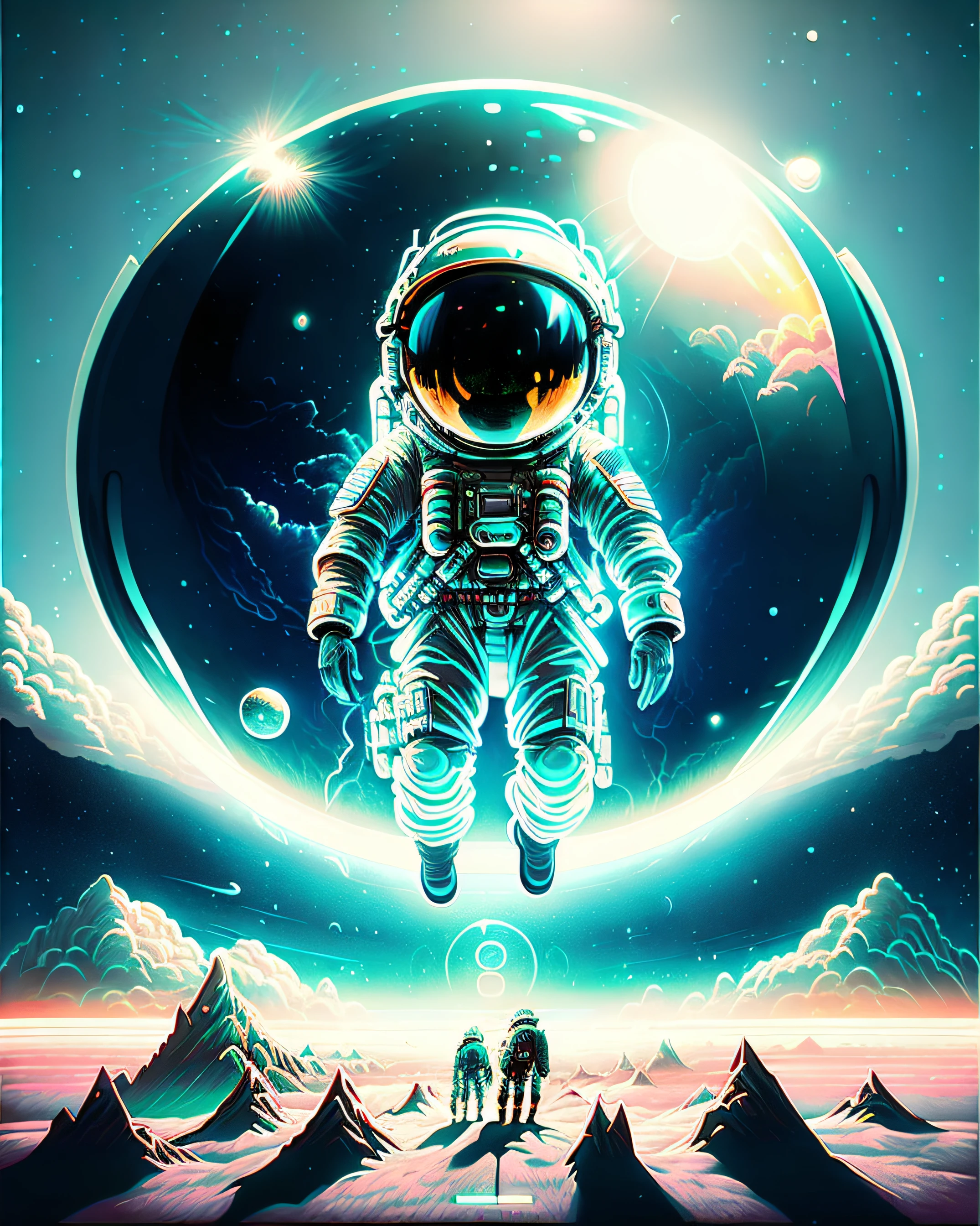 astronaut in outer space floating in a bubble with two astronauts, astronaut lost in liminal space, stunning digital illustration, astronaut stranded on planet, sci-fi digital art illustration, beeple masterpiece, beeple and tim hildebrandt, lonely astronaut, beeple artwork, artgem and beeple masterpiece, by Mike "Beeple" Winkelmann