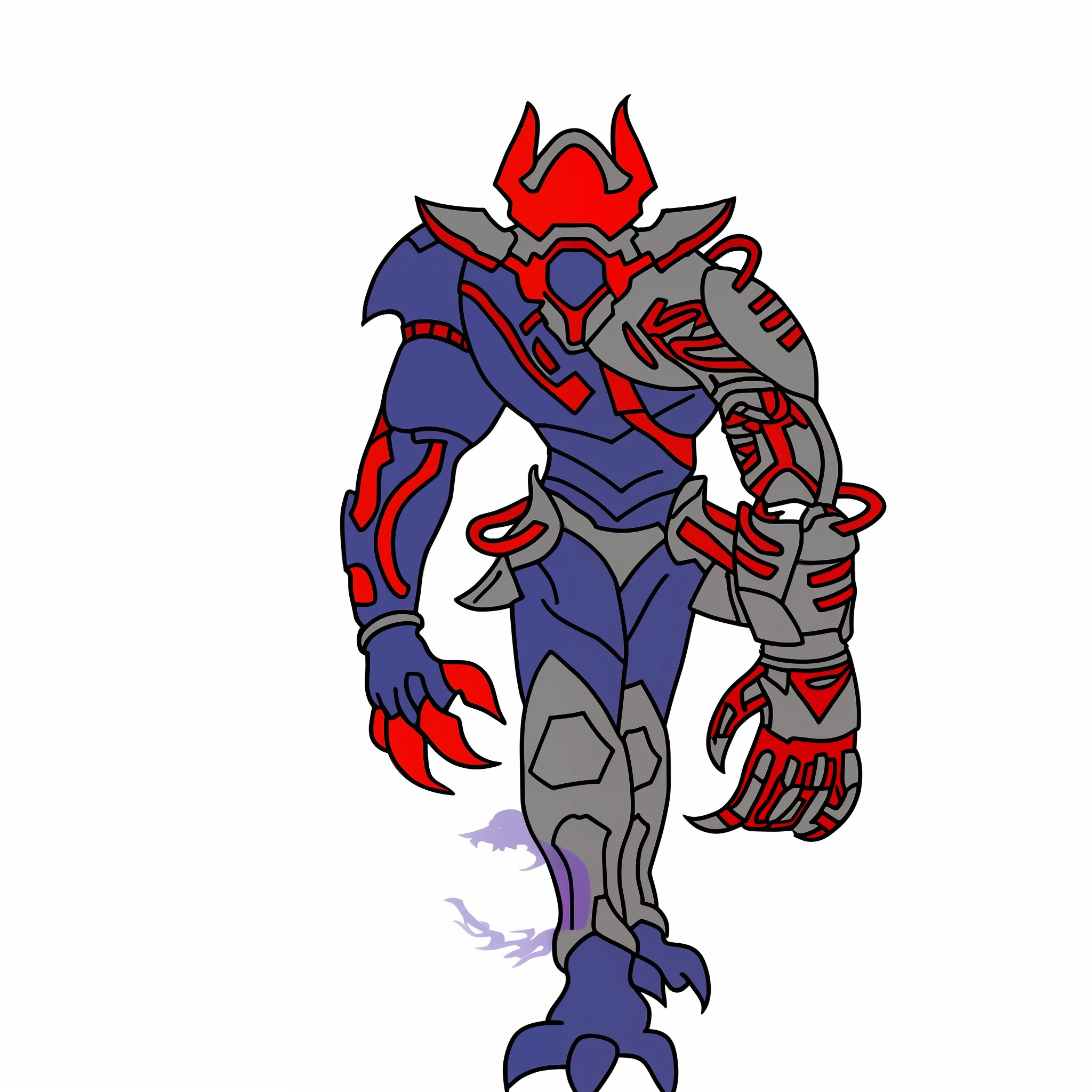 a drawing of a blue and red monster with a large head, draconic looking armor, scarab reploid, estilo guyver, Deus grego no estilo mecha, armadura corrompida, forma humanoide, Arte conceitual do Omegamon, cyber fight armor, intrincada armadura de mecha assasin, conceito de corpo inteiro, red demon armor, demon armor