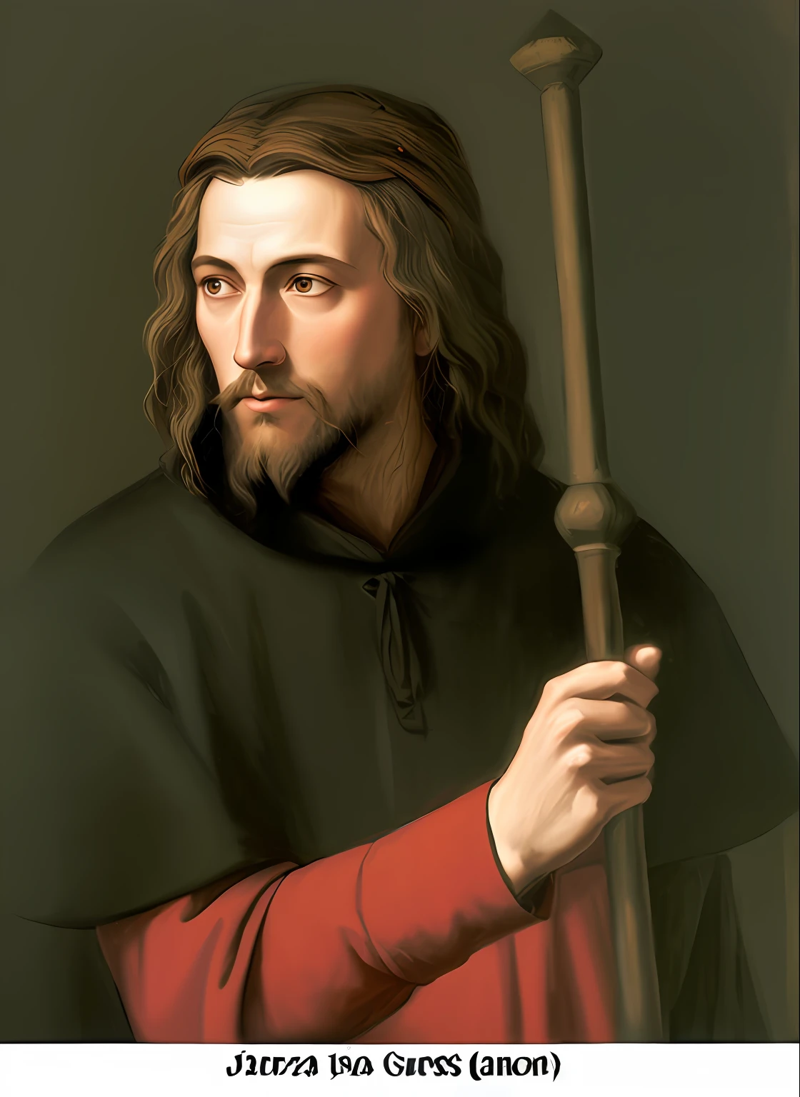 Painting of a man with a staff in his hand, pintado digitalmente, pintura digital renascentista, inspirado em Julius Jakoby, inspirado em Hans Memling, portrait of saint of the pit, inspirado em Ridolfo Ghirlandaio, inspirado em Carl Heinrich Bloch, inspired by Matthias Grünewald, inspirado em Matthias Stom, pintado digital