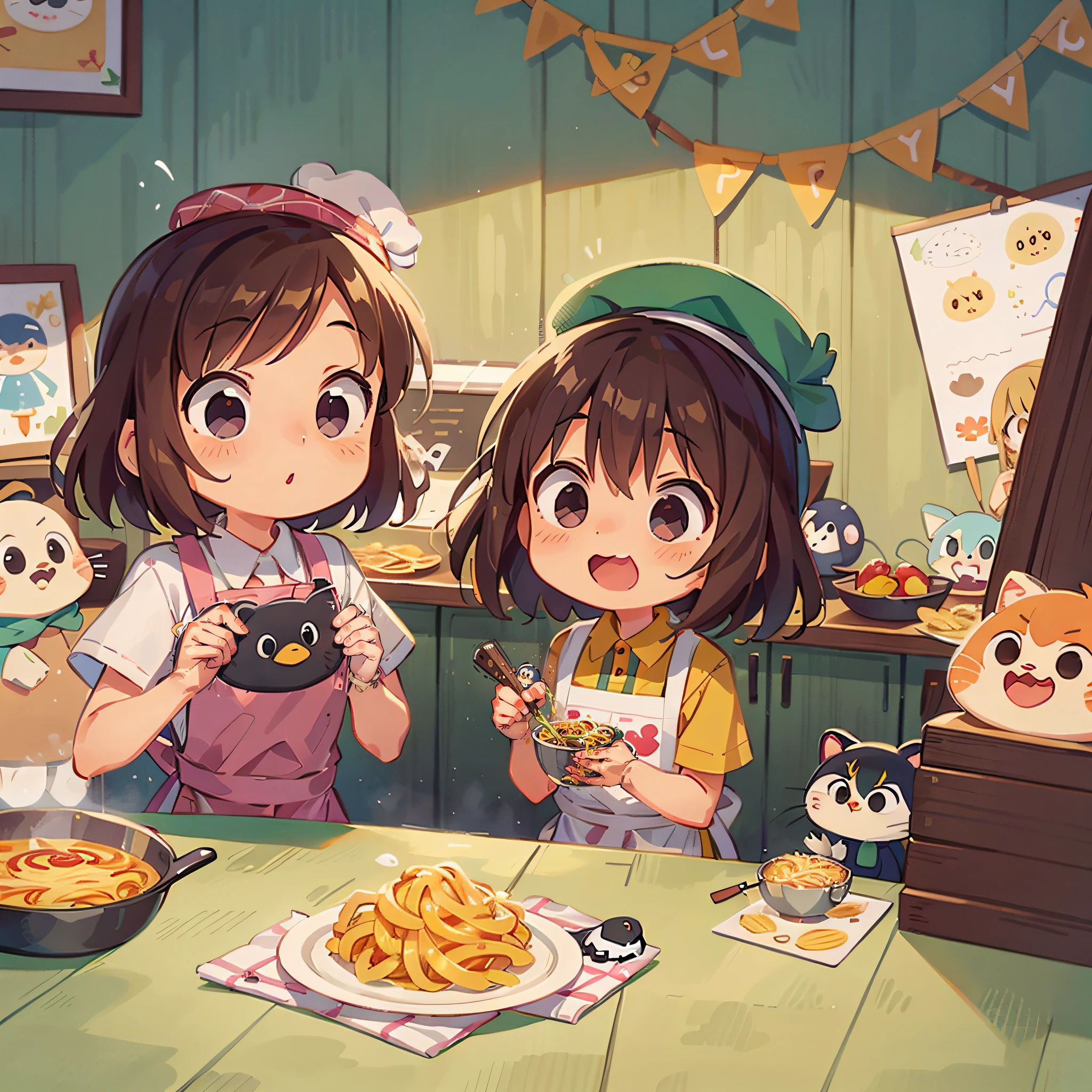 Penguin parent and child in hat and apron make pasta、Heartwarming、Cute deformation illustration、Sanrio-inspired artwork、Chiharu Sakazaki、Anime-style 2D illustration、Background of the cooking room、Green soup