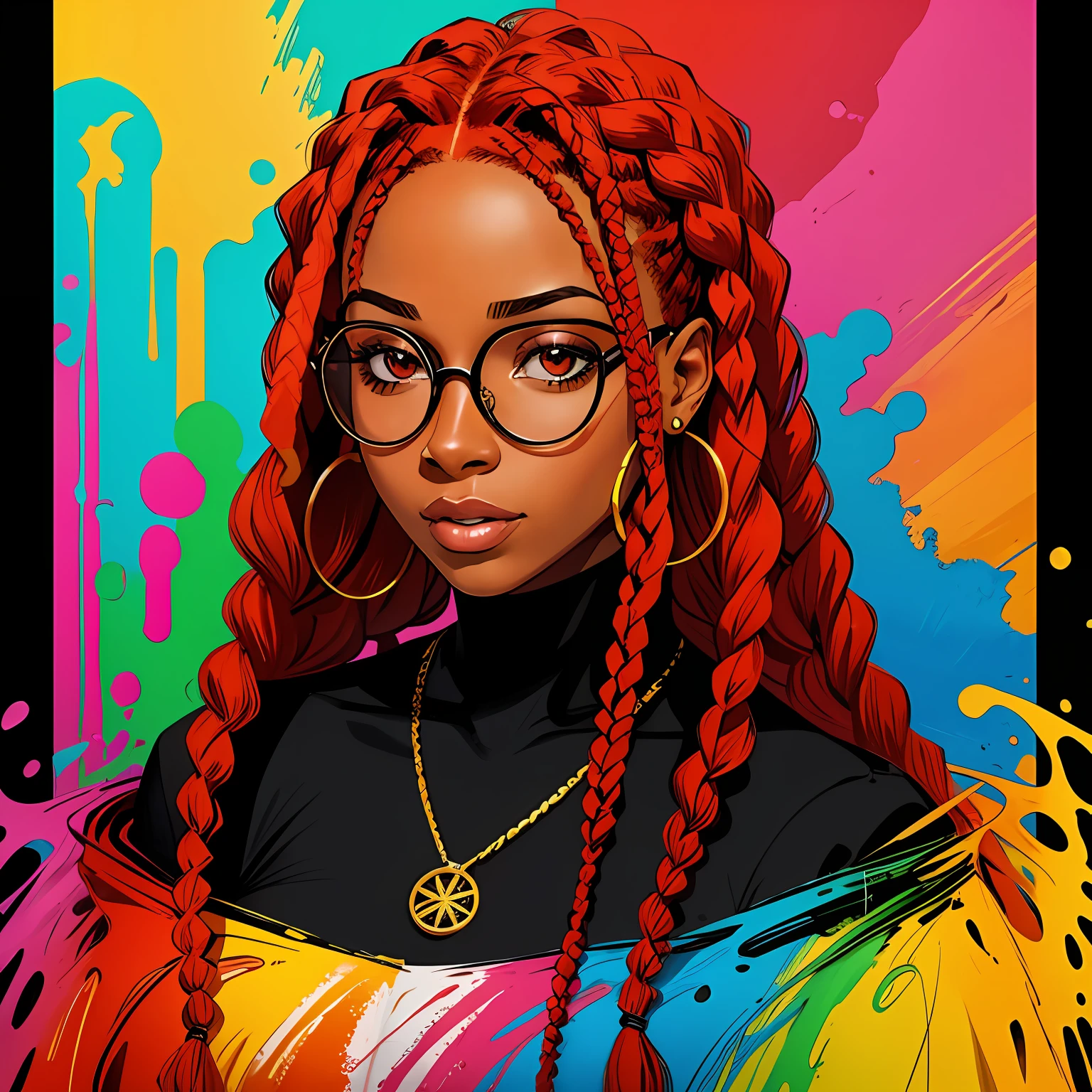 Colorful painting of a young black woman with red braids and round glasses --auto