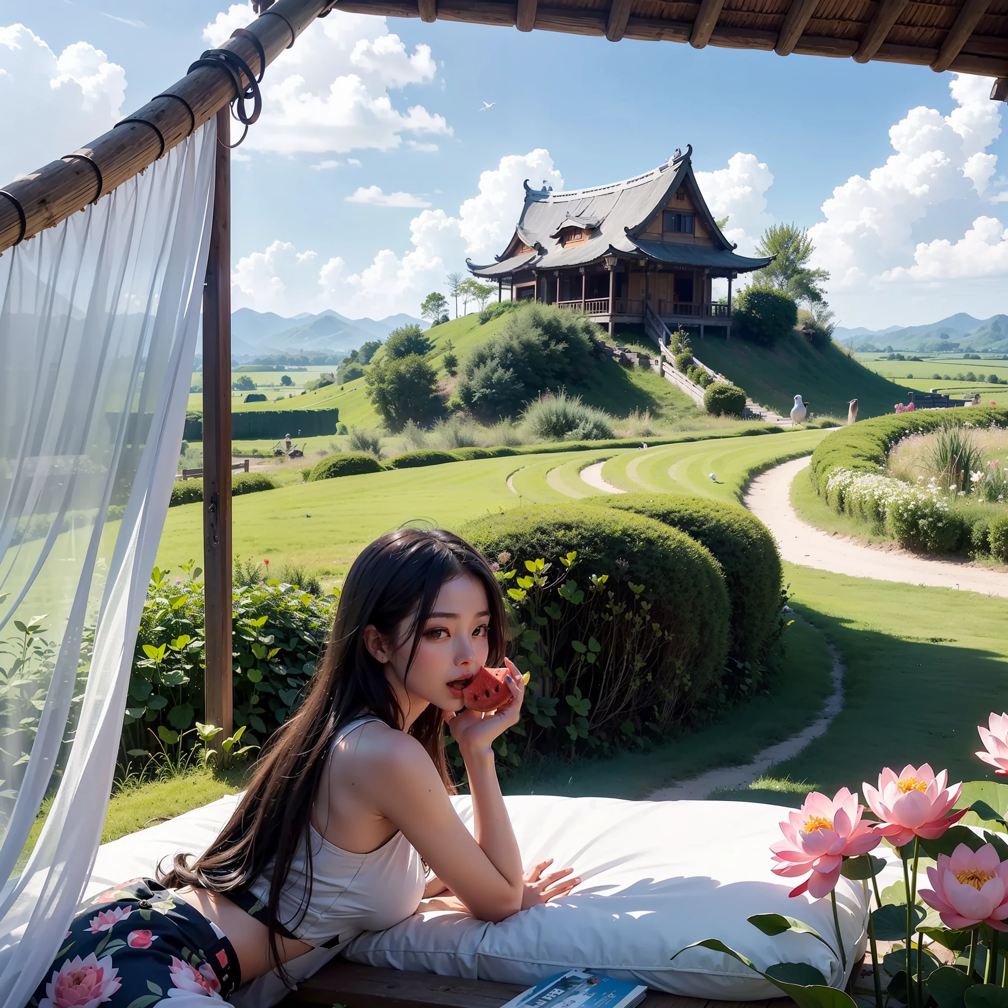 （tmasterpiece，top Quority，Best picture quality，offcial art，Beauty and aesthetics：1.2）Great summer solar term，Lotus flowers bloom，Birds fly in the sky，with blue sky and white clouds，thatched hut，The  eats watermelon on the mattress，Blow the fan --auto