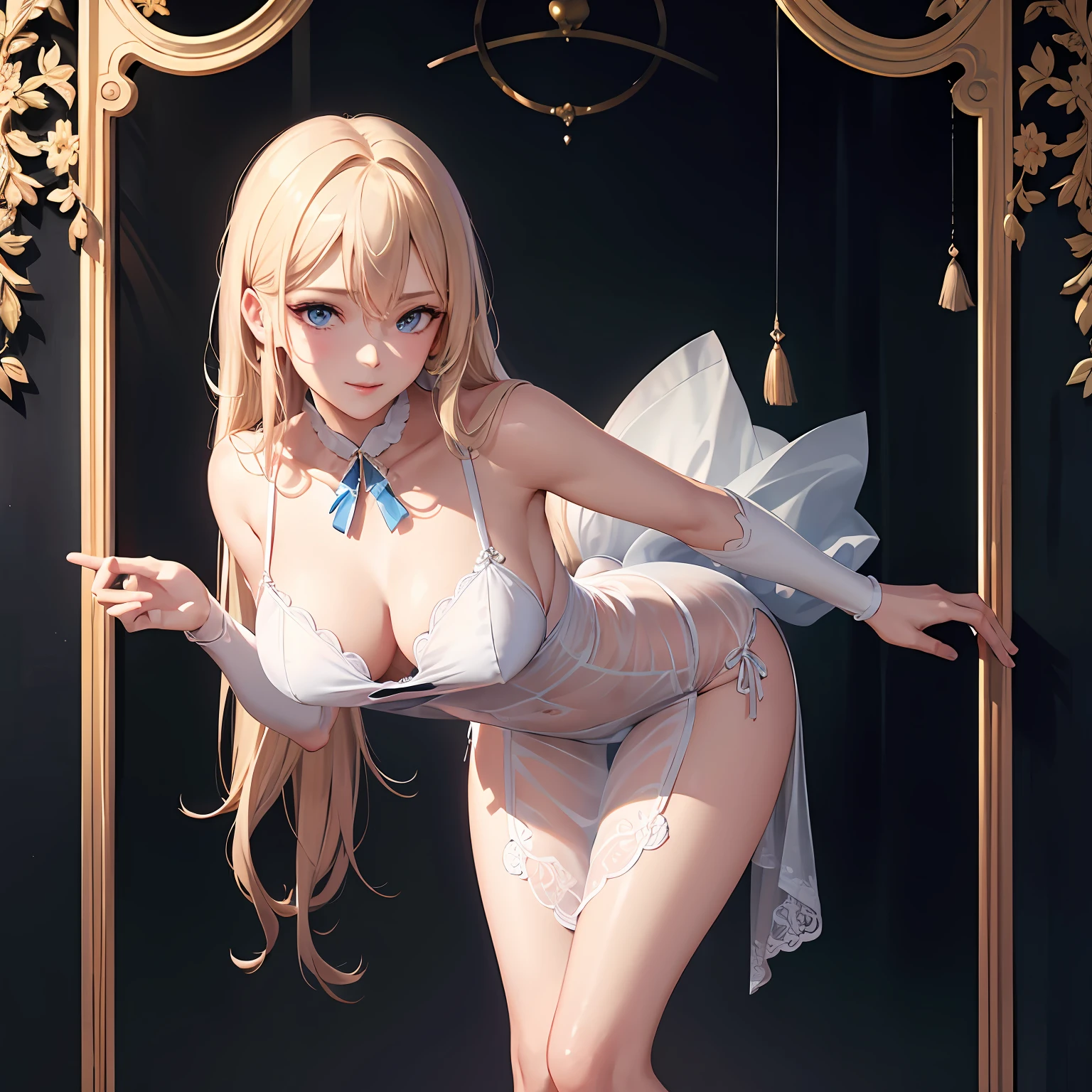 (A hyper-realistic), (illustratio), (hight resolution), (8K), (ighly detailed), (The best illustrations), (beautifully detailed eyes), (top-quality), (ultra-detailliert), (​masterpiece), (wall-paper), (详细的脸), 独奏, 1 girl in, looking at the viewers, finely detail, A detailed face, A smile, A half body, Long legs in transparent invisible underwear, big breasts thin waist, s ass, Ultra-thin makeup, invisible clothes, Legs apart、sexy dress、Scandinavian face、a blond、Blue eyes、Beautiful face、age girl、Expressive、gesture、Satin luster 、full body Esbian、Genital bite、 stand up、Vège underwear、The sheen、Sheer skin、Nipple protrusions、qipao dress、kawaii