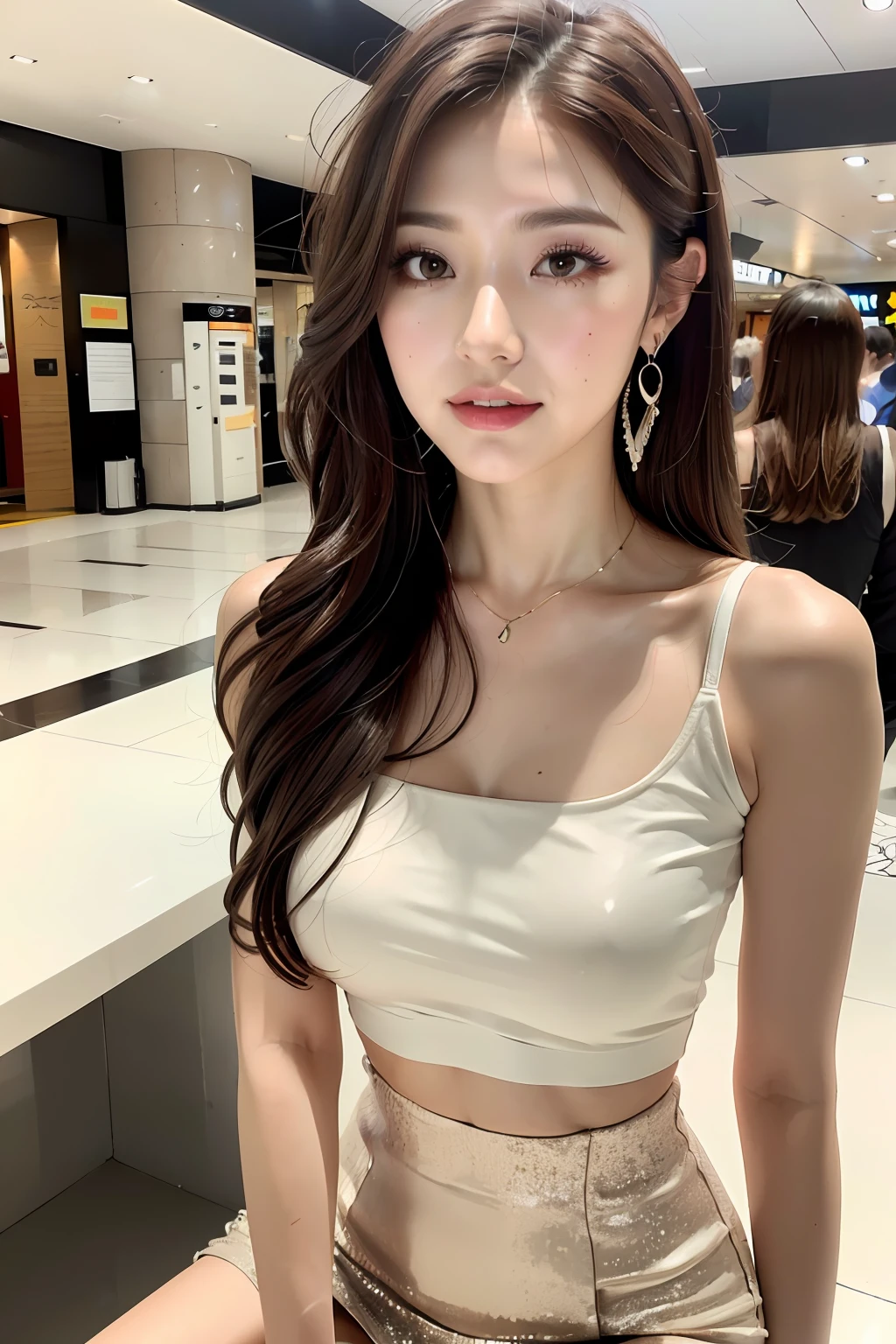 (masterpiece:1.3), high resolution, ultra detailed, extremely detailed CG unity 8k wallpaper, realistic, photo-realistic, RAW photo, beautiful detailed face, pale skin, realistic glistening skin, detailed cloth texture, detailed hair texture, Perfect Style, Beautiful Face, accurate, Anatomically correct, Highly detailed face and skin texture, Detailed eyes, Brown eyes, Double eyelids, Thin eyebrows, (dropped eyes:0.65), (Glitter Eyeliner:1.2), Natural cheeks, Glossy skin, (Fair skin:1.2), shiny necklace and earrings, (Glossy lips: 1.4),
BREAK
(classy and Cute girl:1.3), (multi-layers long Hairstyle, wavy hair, dark brown with orange highlights hair), (blushing smile:0.95) (wearing a sleeveless white tank top that exposes her midriff), (short leather pant), (bare legs), medium large breasts,
BREAK
(in the shopping mall:1.2), ((Upper body Shot:1.2)), (pose that standing with crossed legs:1.4), from side,