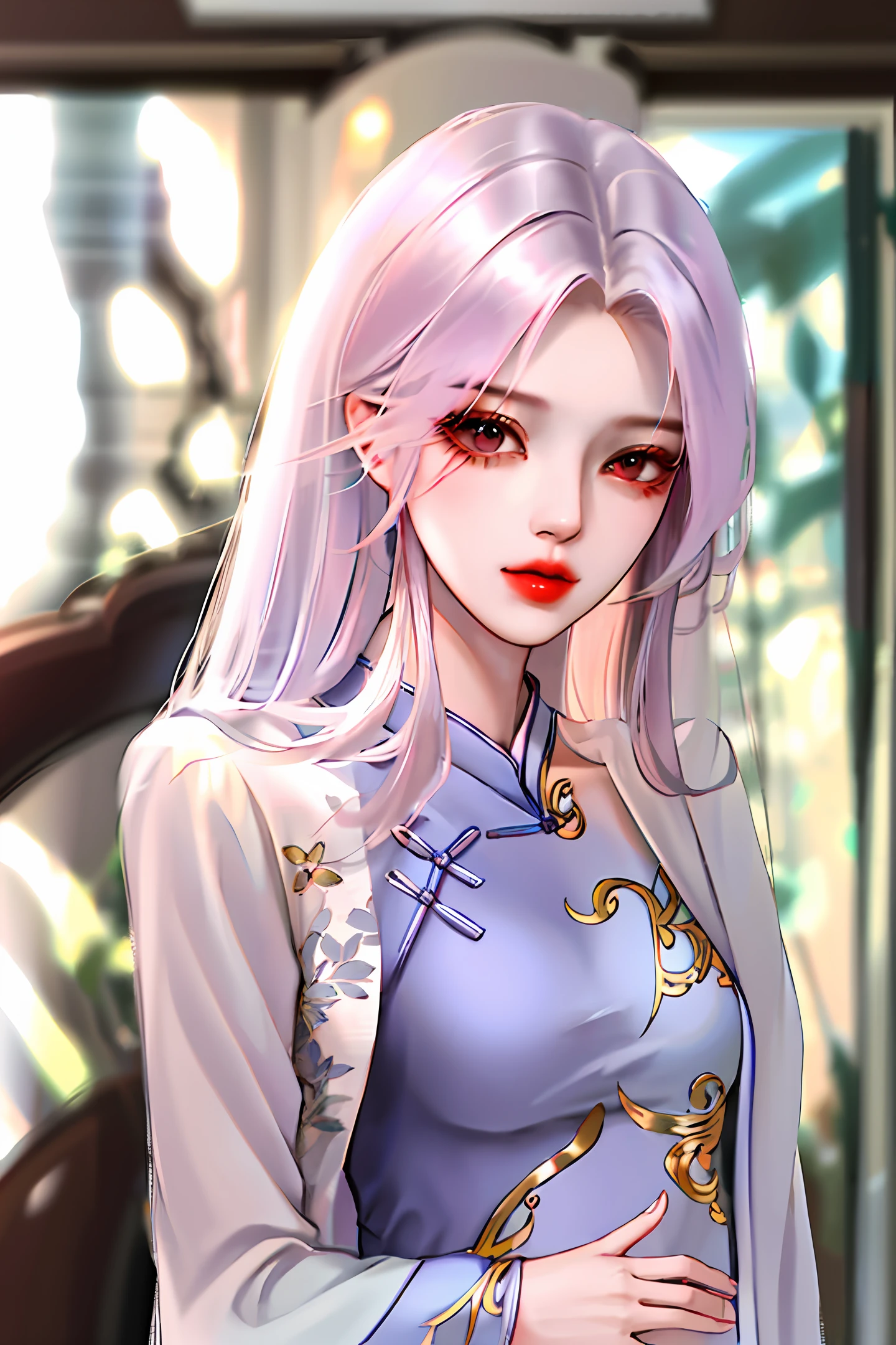 on cheongsam,long whitr hair,whaite hair