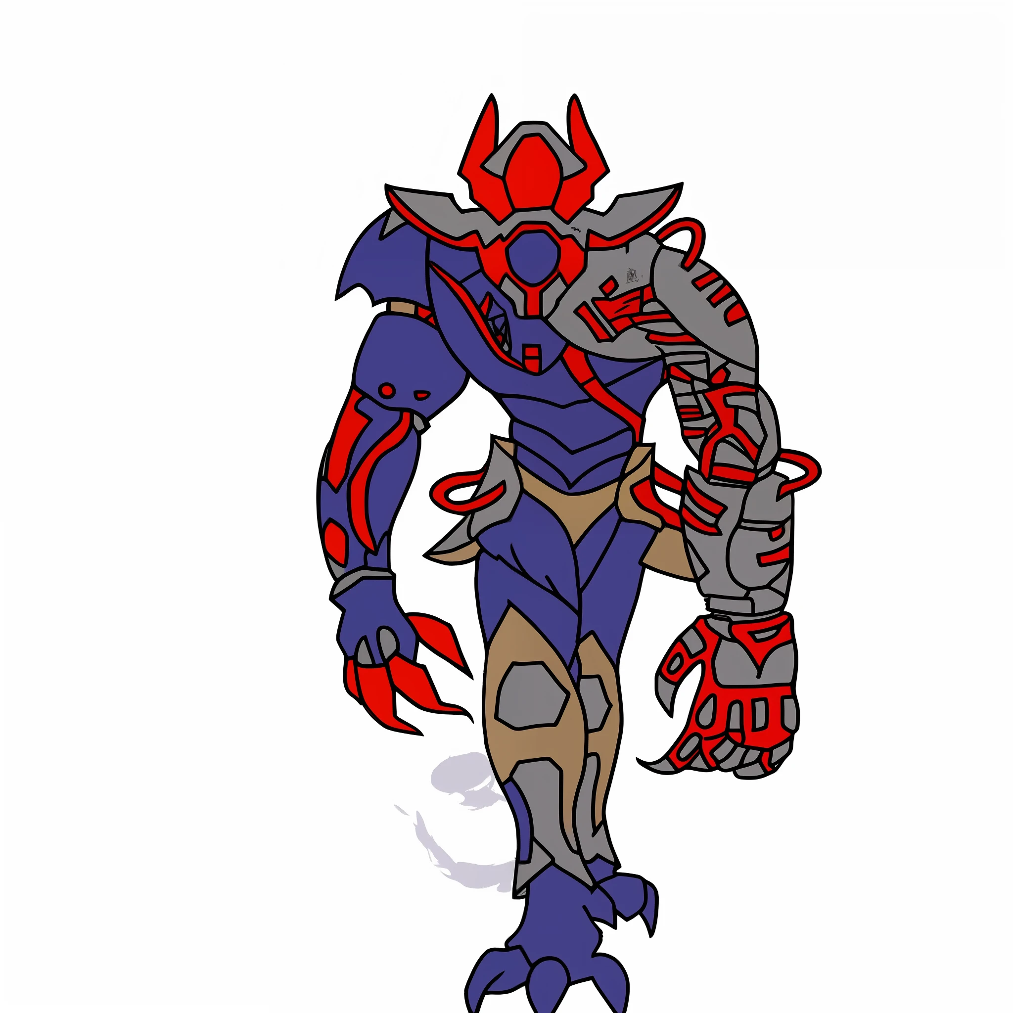 a drawing of a blue and red monster with a large head, draconic looking armor, scarab reploid, estilo guyver, Deus grego no estilo mecha, armadura corrompida, forma humanoide, Arte conceitual do Omegamon, cyber fight armor, intrincada armadura de mecha assasin, conceito de corpo inteiro, red demon armor, demon armor