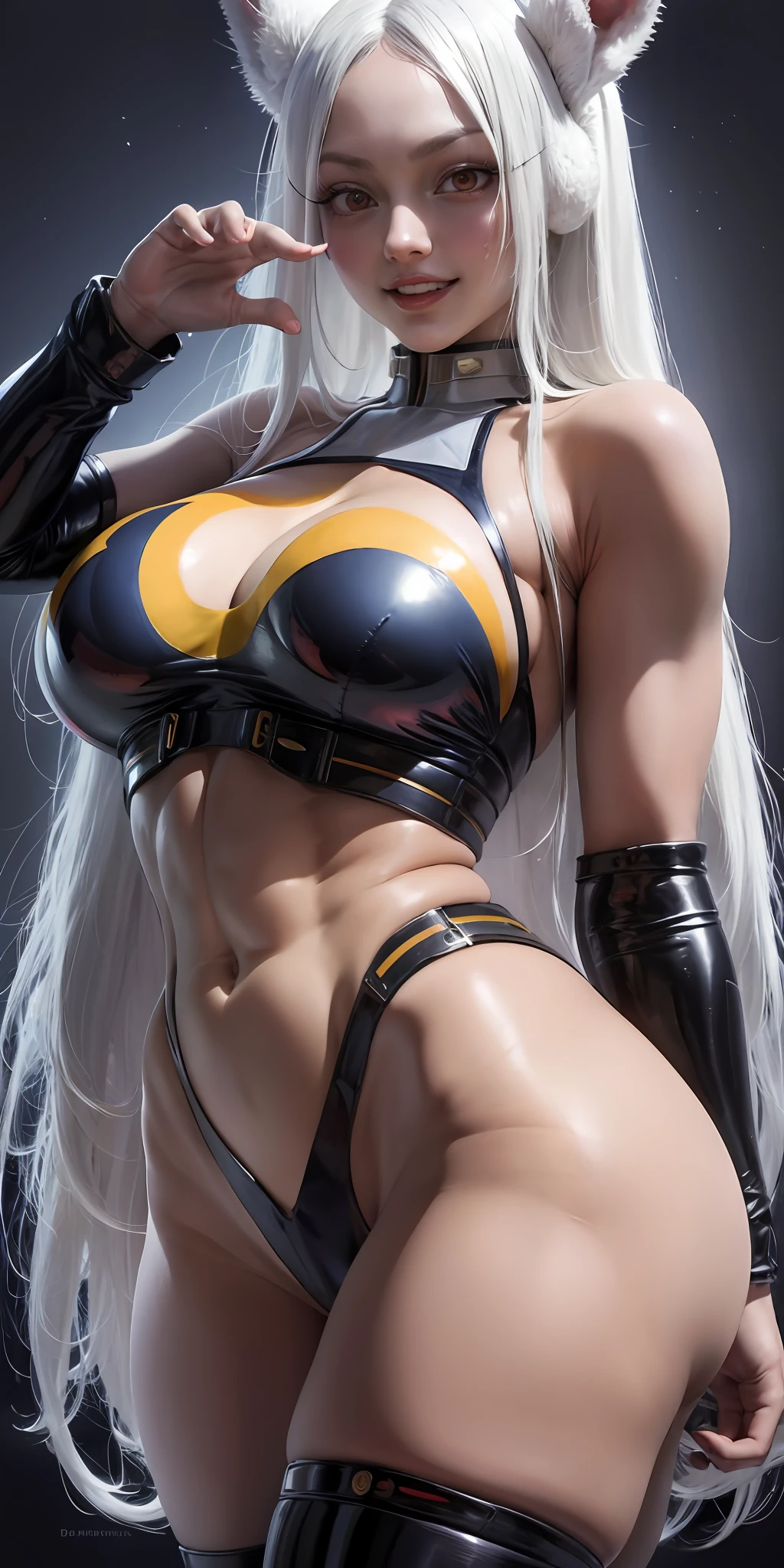 Photorealistic, Show from the hips to the shoulders, girl,Woman,Female, 年轻, 20 years old, absurdly long hair, messy long hair, beautiful detailed cold face, Seductive smile, beatiful detailed eyes, Log Cabage,bright skin, White skin, highleg, Detailed ice, absurderes,High Art, Ridiculous resolution, High resolution, (masutepiece:1.4), super detailed, 1 Awkward Girl, Smooth skin, shiny milky skin, Colossal tits, Big ass , venusbody, doress、thick juicy thighs, 鎖骨, Cleavage Closed mouth, Smile, Cute face, Rabbit ears,Rabbit Girl,Abs, muscularwoman,Red Eyes, dark skinned female,Dark skin,Animal ears,White hair, Miruko, --v 6