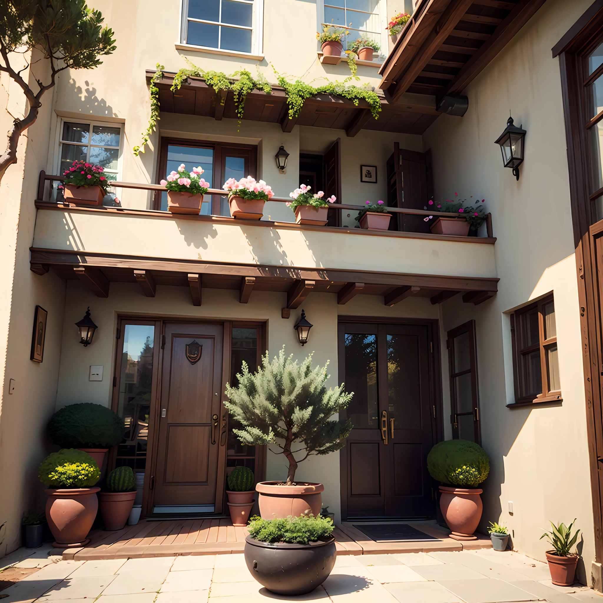 Create a balcony with several vases with. Bonsais de estilo realista e em 8k --auto
