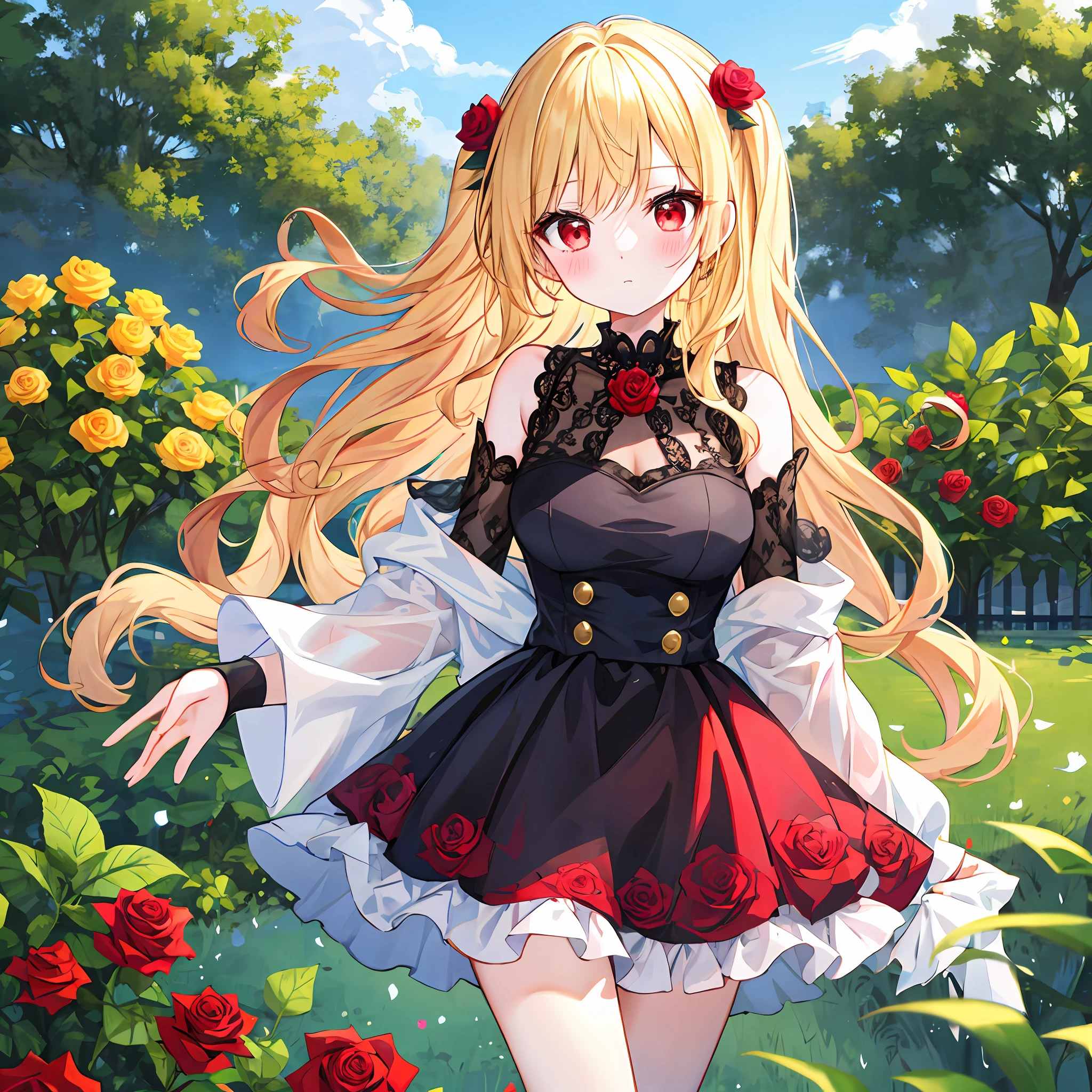 Wavy blonde girl、red eyes、独奏、red blush、doress、off shoulders、Rose Garden、