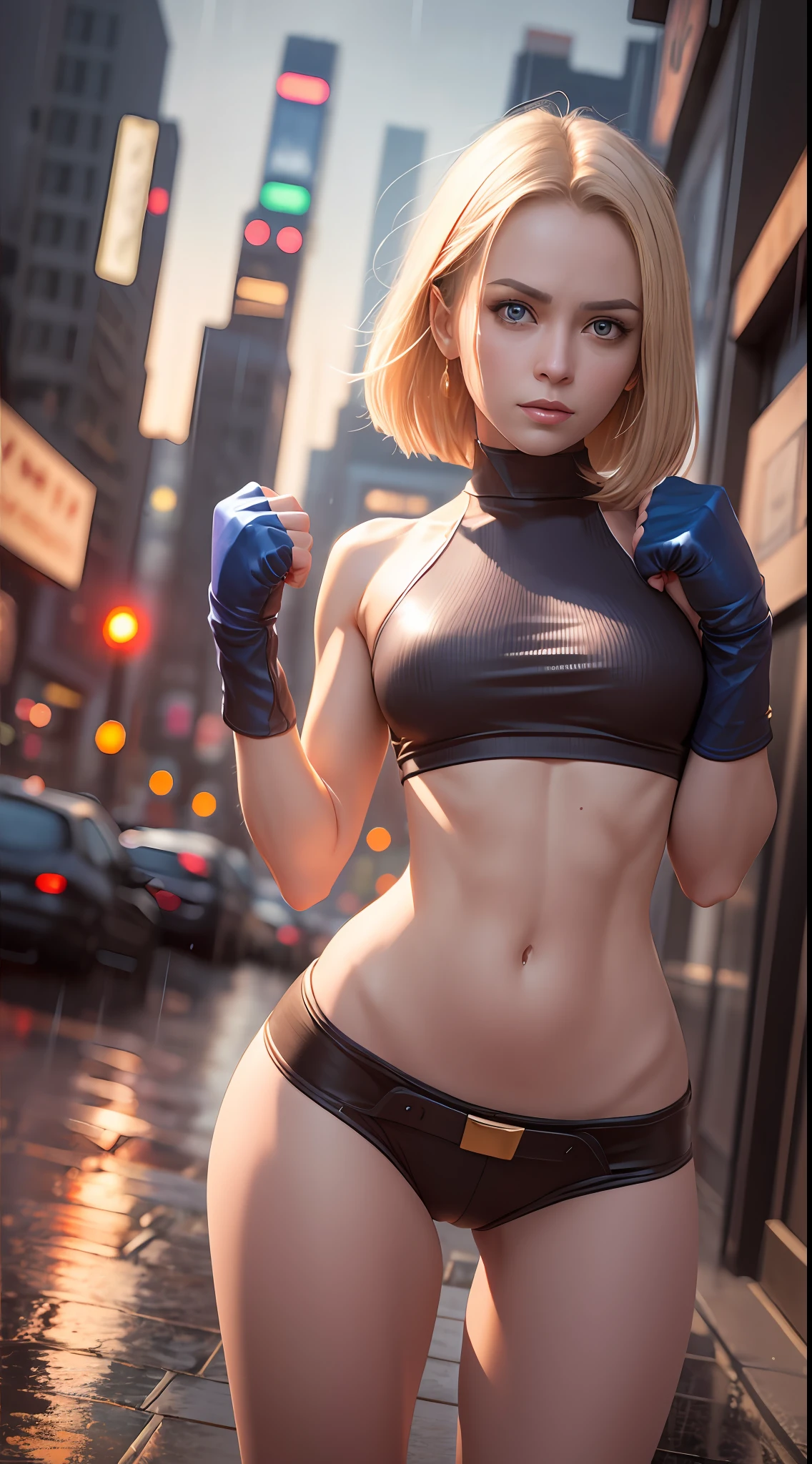 maryms, Best Quality, (beauty), masterpiece, 1 girl, physically based rendering, ultra high resolution, narrow waist, skinny, big eyes, long legs, (small breasts), puffy eyes, night, (rainy city) , shiny skin, facing viewer, fighting stance, (clench fist), firm expression,