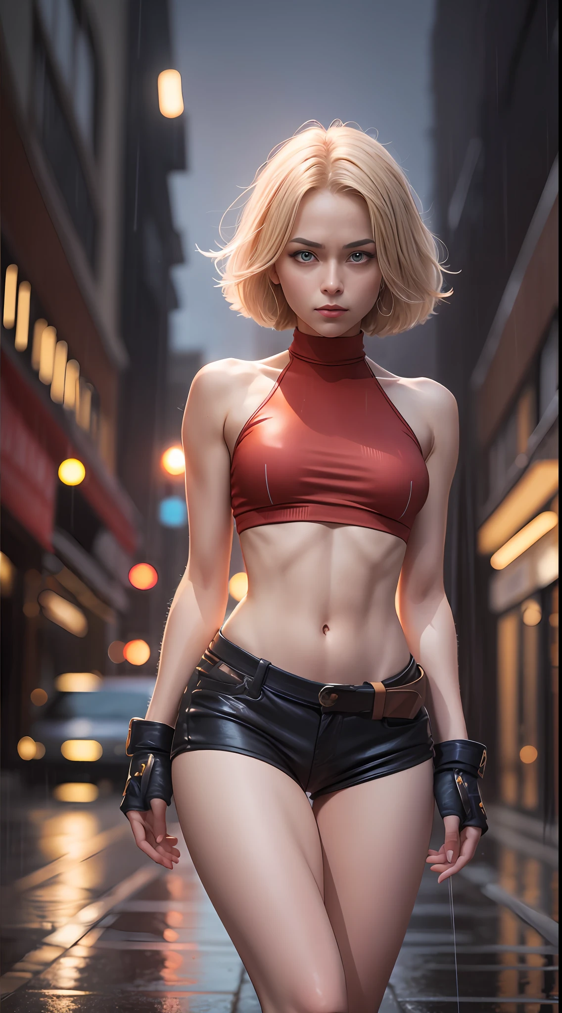 maryms, Best Quality, (beauty), masterpiece, 1 girl, physically based rendering, ultra high resolution, narrow waist, skinny, big eyes, long legs, (small breasts), puffy eyes, night, (rainy city) , shiny skin, facing viewer, fighting stance, (clench fist), firm expression,