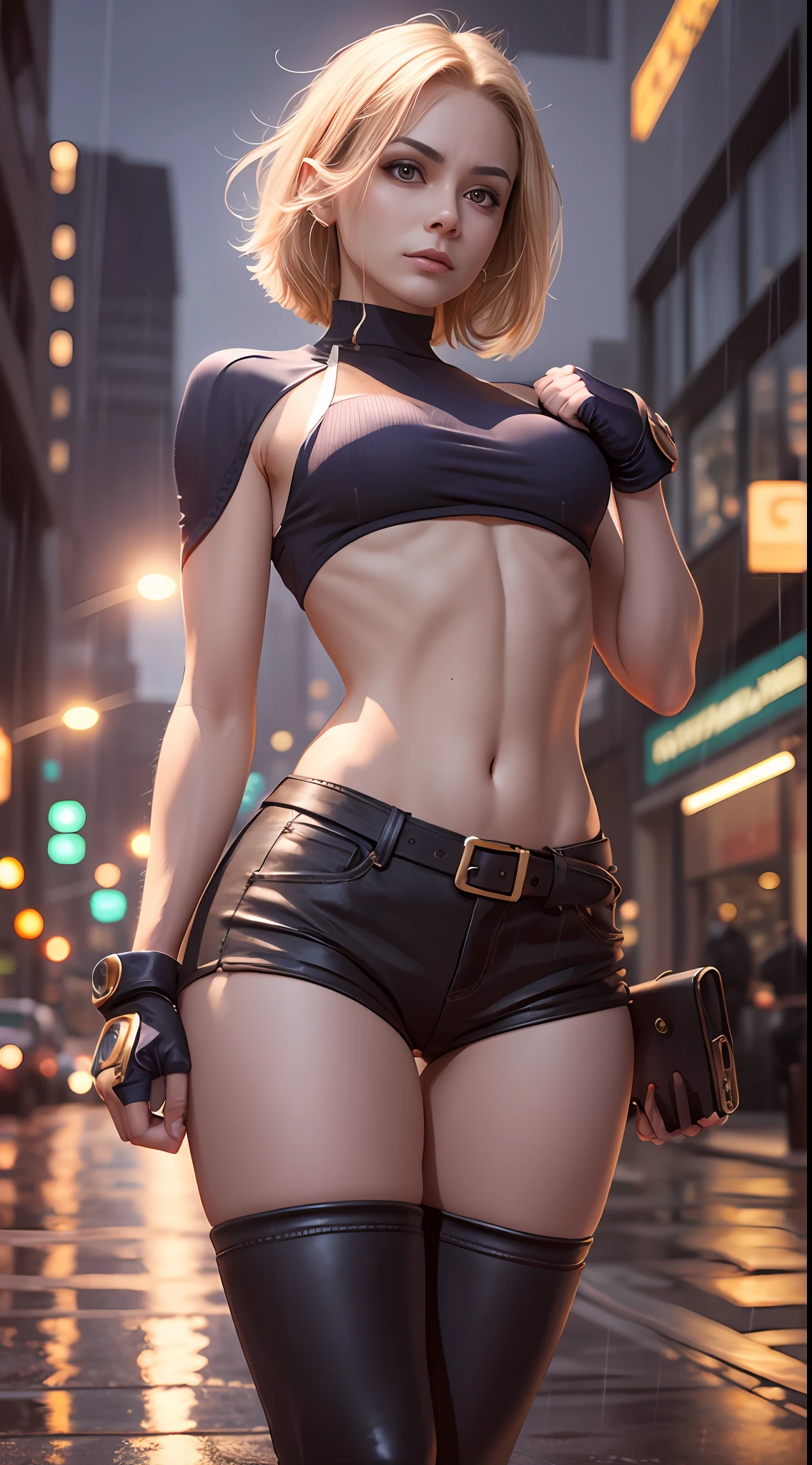 maryms, Best Quality, (beauty), masterpiece, 1 girl, physically based rendering, ultra high resolution, narrow waist, skinny, big eyes, long legs, (small breasts), puffy eyes, night, (rainy city) , shiny skin, facing viewer, fighting stance, (clench fist), firm expression,