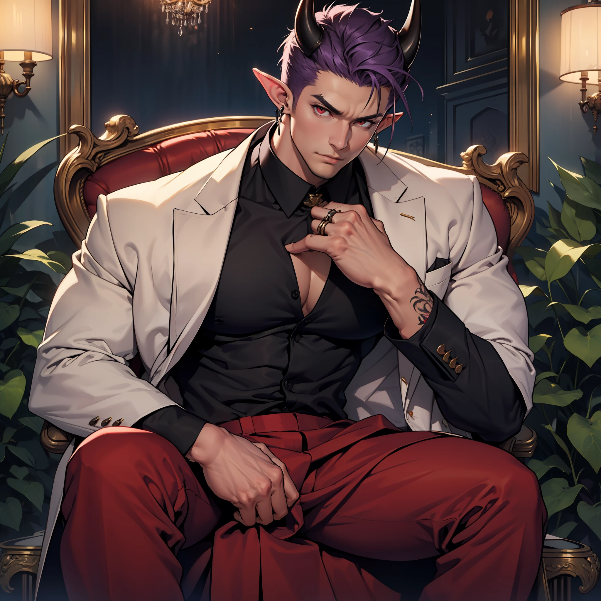 Handsome male, purple hair, short hair, detailed body, detailed hands, horns, expressionless, arrogant expression, red eyes, roman nose, almond eyes, red tuxedo, black shirt, black tie, cocky, nightfall, handsome, bushy brows, pointy ears, ear piercings, rings, good looking, tattoos, dark skin, brown skin, charming, good quality, huge bulge in pants, manly, sitting on throne