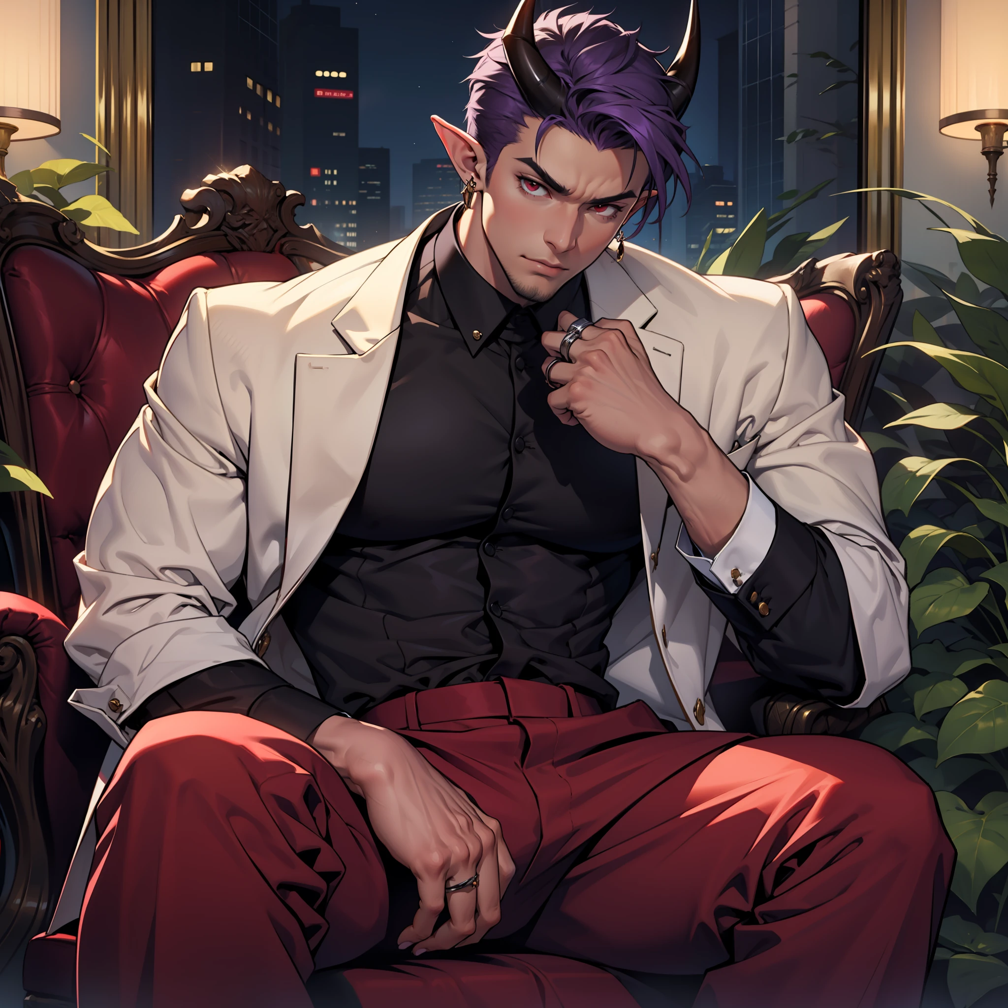 Handsome male, purple hair, short hair, detailed body, detailed hands, horns, expressionless, arrogant expression, red eyes, roman nose, almond eyes, red tuxedo, black shirt, black tie, cocky, nightfall, handsome, bushy brows, pointy ears, ear piercings, rings, good looking, tattoos, dark skin, brown skin, charming, good quality, huge bulge in pants, manly, sitting on throne