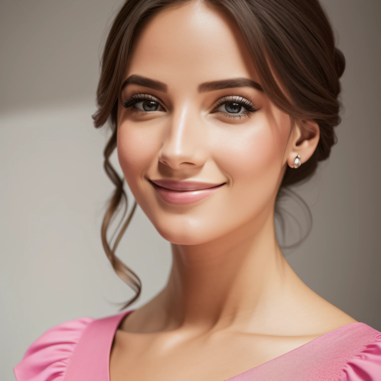A woman in the studio, vestido rosa conservador, em um dia perfeito, HD, (headshot: 1.2), (close up, rosto perfeito, olhos claros), sorriso deslumbrante --auto