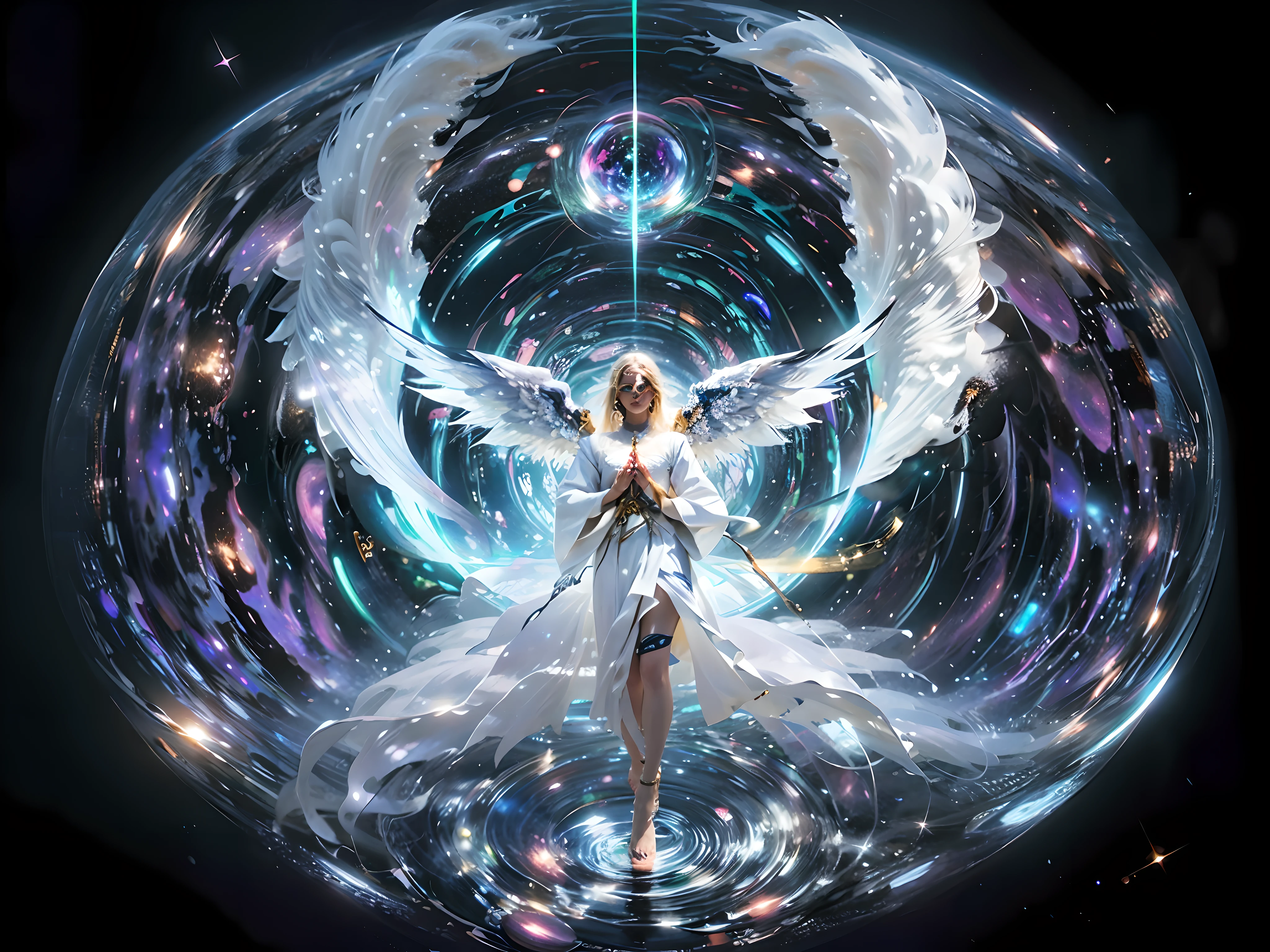 fish-eye lens, cosmic background, Countless twinkling galaxies and stars, Convoluted, Ultra-realistic full-length shot of an angel praying for viewers in the center of a circle, The microcosm revolves around angels, face to the viewer, Offer mercy, Comfort and love, stunningly beautiful face, The majestic twin wings of an angel growing from the back of an angel, Ultra-realistic and ultra-detailed real wings, Beautiful snow-white robes and translucent darkness, Long Blonde Hair, Hair and stars mix, Fantastic and sacred (1:1), ultra-detailliert, A hyper-realistic, Countless small lights twinkle、Blend into the darkness, ultra intricate, New splash art never seen before in space, Captivate your audience、Give your audience direction to move forward, What's next?. It is a masterpiece that will continue to win many awards in the future......