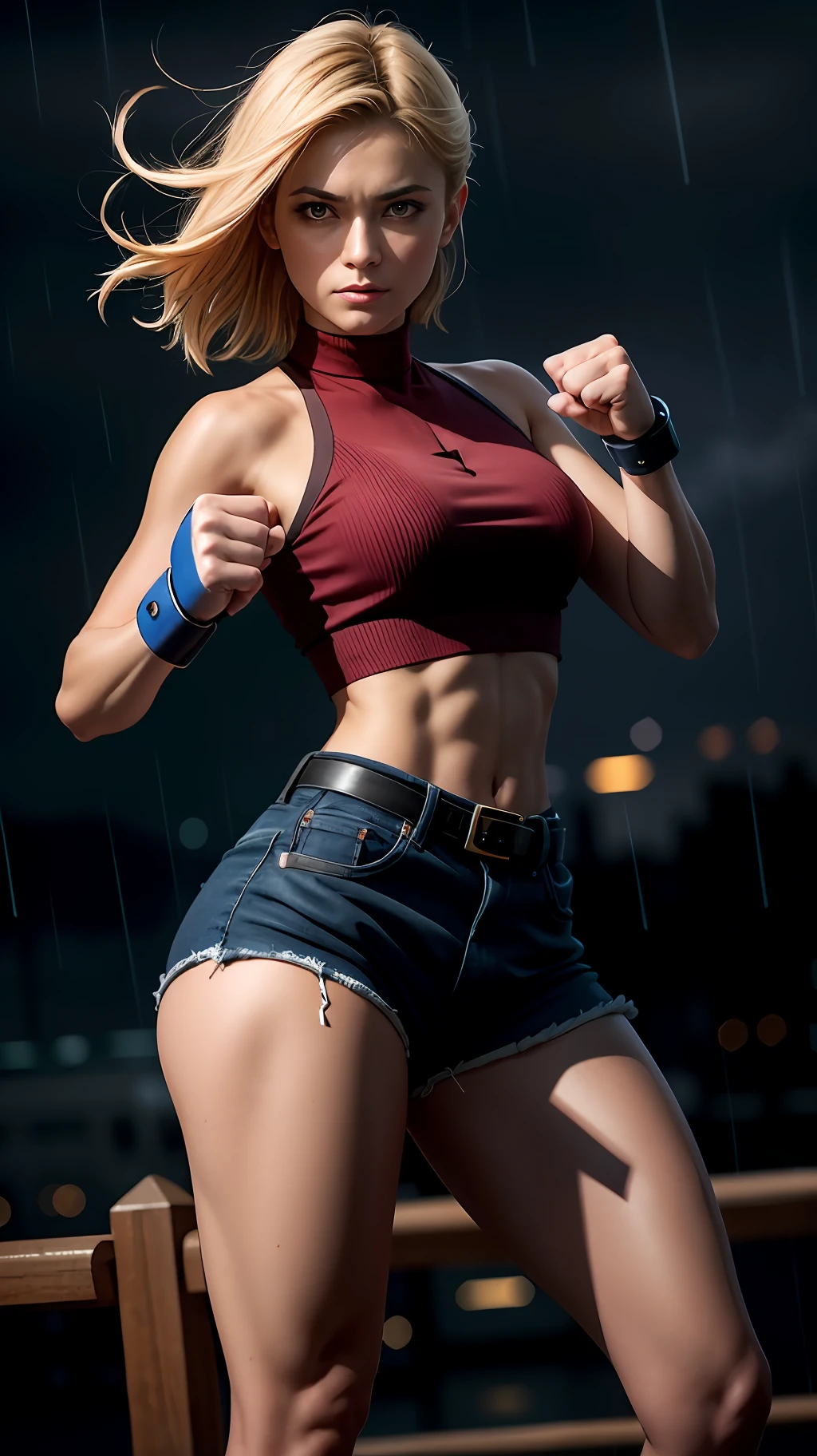 maryms, Best Quality, (beauty), masterpiece, 1 girl, physically based rendering, ultra high resolution, narrow waist, skinny, big eyes, long legs, (small breasts), puffy eyes, night, (rainy city) , shiny skin, facing viewer, fighting stance, (clench fist), firm expression,