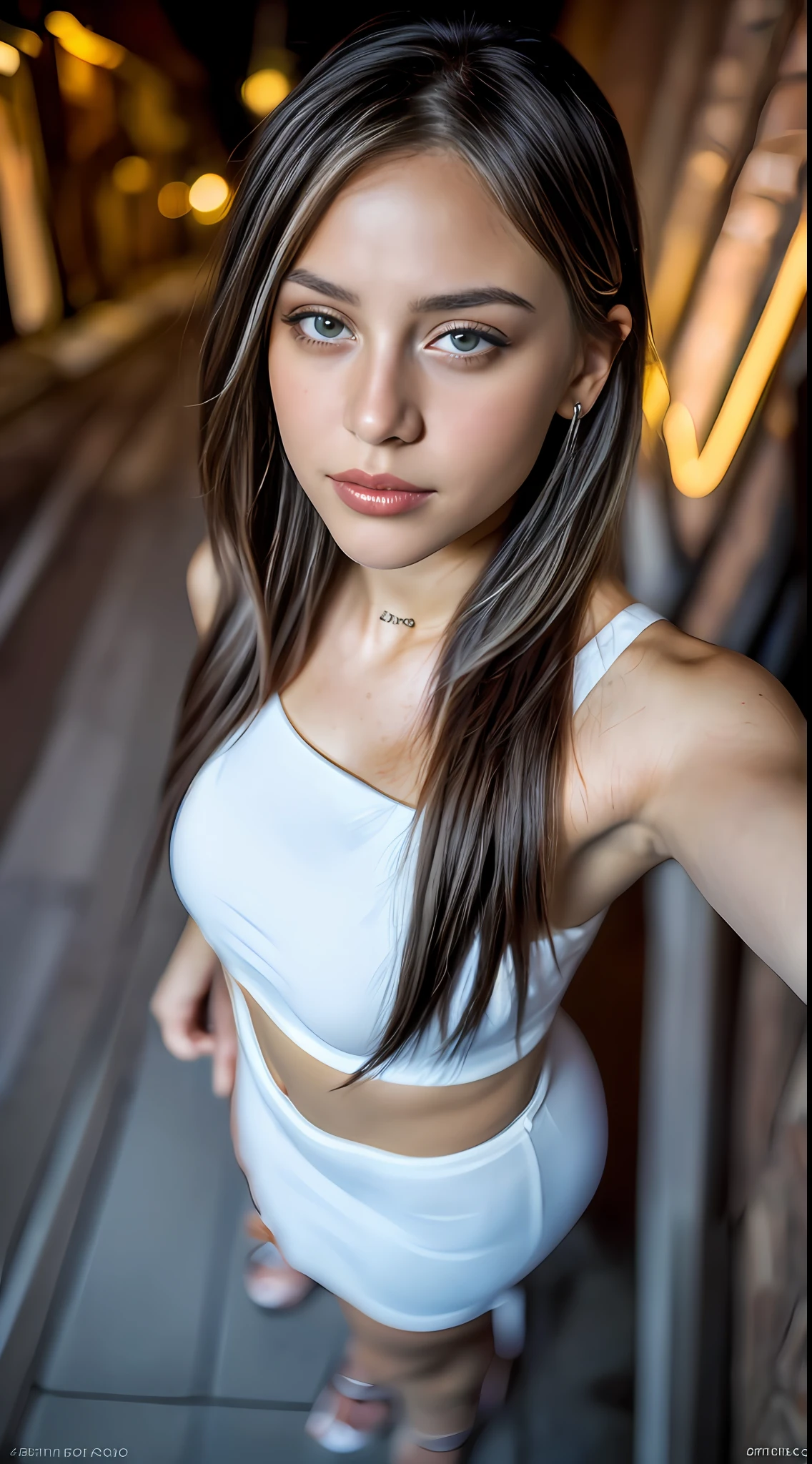 ((obra maestra, Foto selfie, desde arriba: 1.4)), ((toma de cuerpo completo, mejor calidad, HQ, 4k)), Professional Dslr RAW uhd photography of an amazing beautiful blonde 24 years old ((mujer de ojos azules)) walking down a dark alleyway, senos_B natural, fondo nocturno de la ciudad, (vestido rojo), (escote), detallado (Texturas!, cabello!, brillo, Color!!, imperfecciones: 1.1), (((ojos brillantes altamente detallados, ((staring at the camera)), )))specular lighting, DSLR, Ultra calidad, foco nítido,  Sharp tack, DOF, movie grain, (centrado), Fujifilm XT3, cristalino, Centro del marco, Cara hermosa, encantadora, foco nítido, farola, Neon lights, Bokeh, (poco iluminado), discreto, Por la noche, (cielo nocturno) poros detallados de la piel, piel grasa, bronceado, detalles intrincados de los ojos