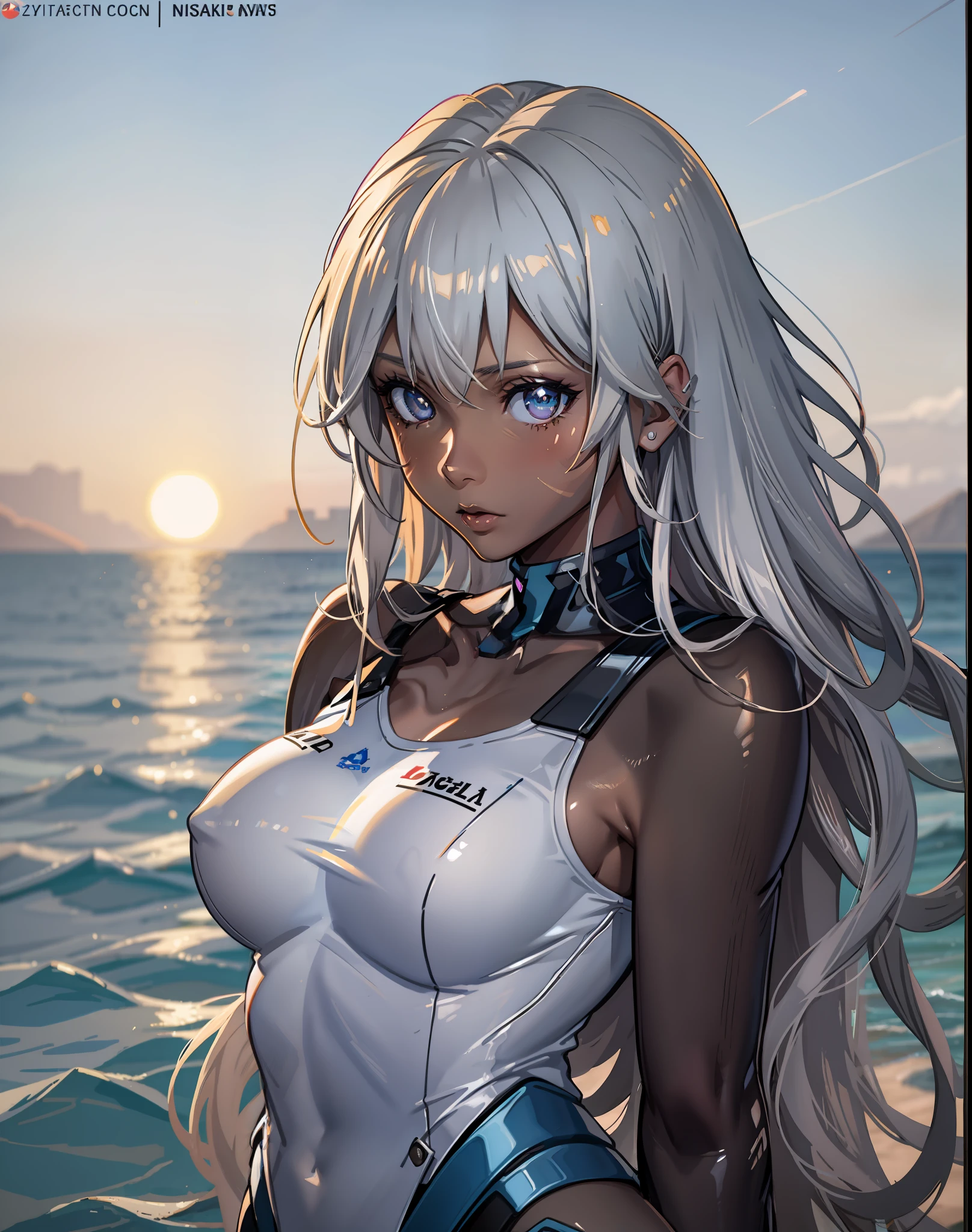 ((((masuter piece、top-quality、Healthy images、Long body、large full breasts、Brown skin color、Silvery hair、Long hair、Blue glowing eyes、Dynamic Poses、A look of shame、tshirts))))、(((Very marked camel toe)))、sea side、Happy look、(((((Black skin))))),((((darkskin)))),((sun burn))、Realistic skin type、an anime girl、Detailed Digital Anime Art、A seductive anime girl、extremely detailed art germ、a hyperrealistic schoolgirl、Ilyakukvshinov、Smooth Anime CG Art、Ultra Realistic Woman、ig model、ArtGerm、photo-realistic anime girl、digital anime art