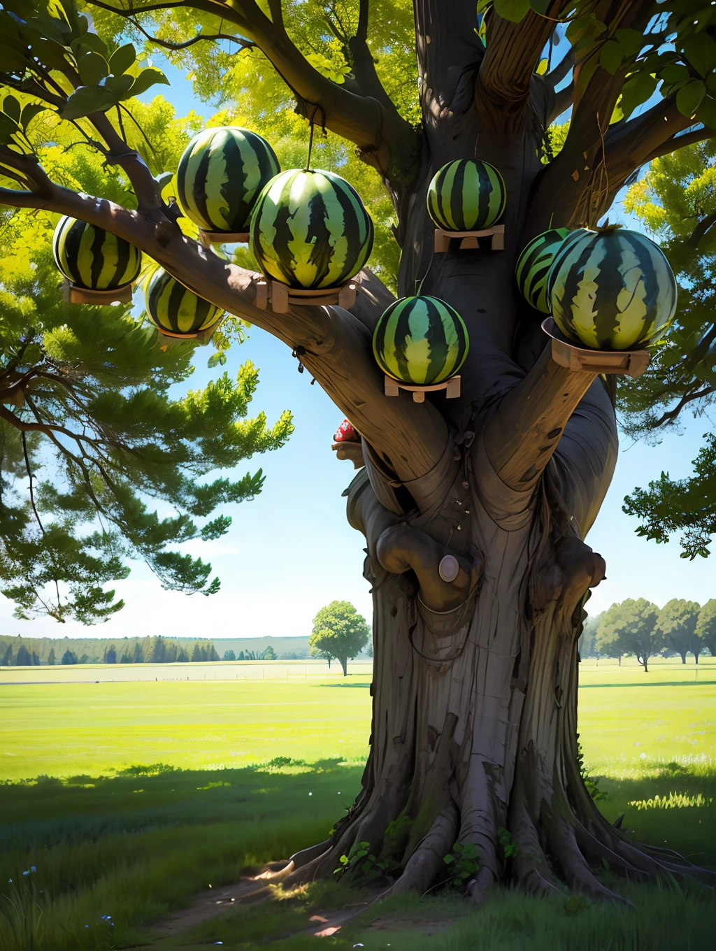 There is a tree in the meadow，The branches of the tree are covered with watermelons --auto