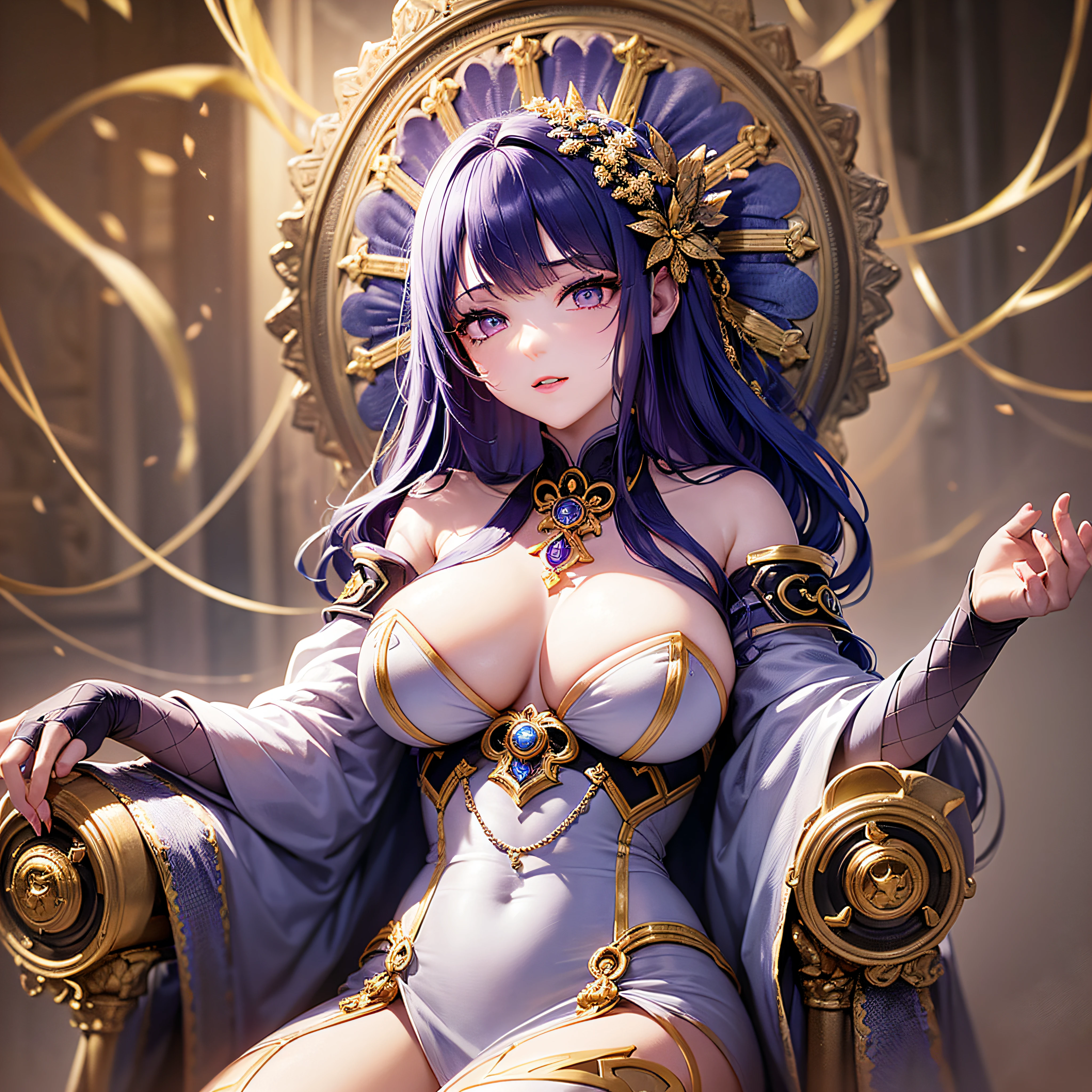 （absurderes，A high resolution），（in a panoramic view），full bodyesbian，A woman who is， mature，big breasts beautiful，(Masterpiece:1.2), Best quality, (illustration:1.2), (Ultra-detailed), 超详细信息, (细腻细致), (Intricate details), (Cinematic light, 最优质的背光), 清晰的线条, From below, solo female, Perfect body, (1girll), Purple hair, luminescent purple eyes, (Emperor, Gorgeous clothes),(crown:0.1), seated on a throne, Eyes slightly closed, looking-down, Turning Head, ( Facial coercion:1.2), ((Makeup)), High contrast, (Best illumination, An extremely delicate and beautiful), ((Cinematic light)), Colorful,Magnificent and ornate palace，Surround lightning，Highlight the majesty and nobility of the female emperor，Magnificent and solemn atmosphere，The whole body is inside the lens，