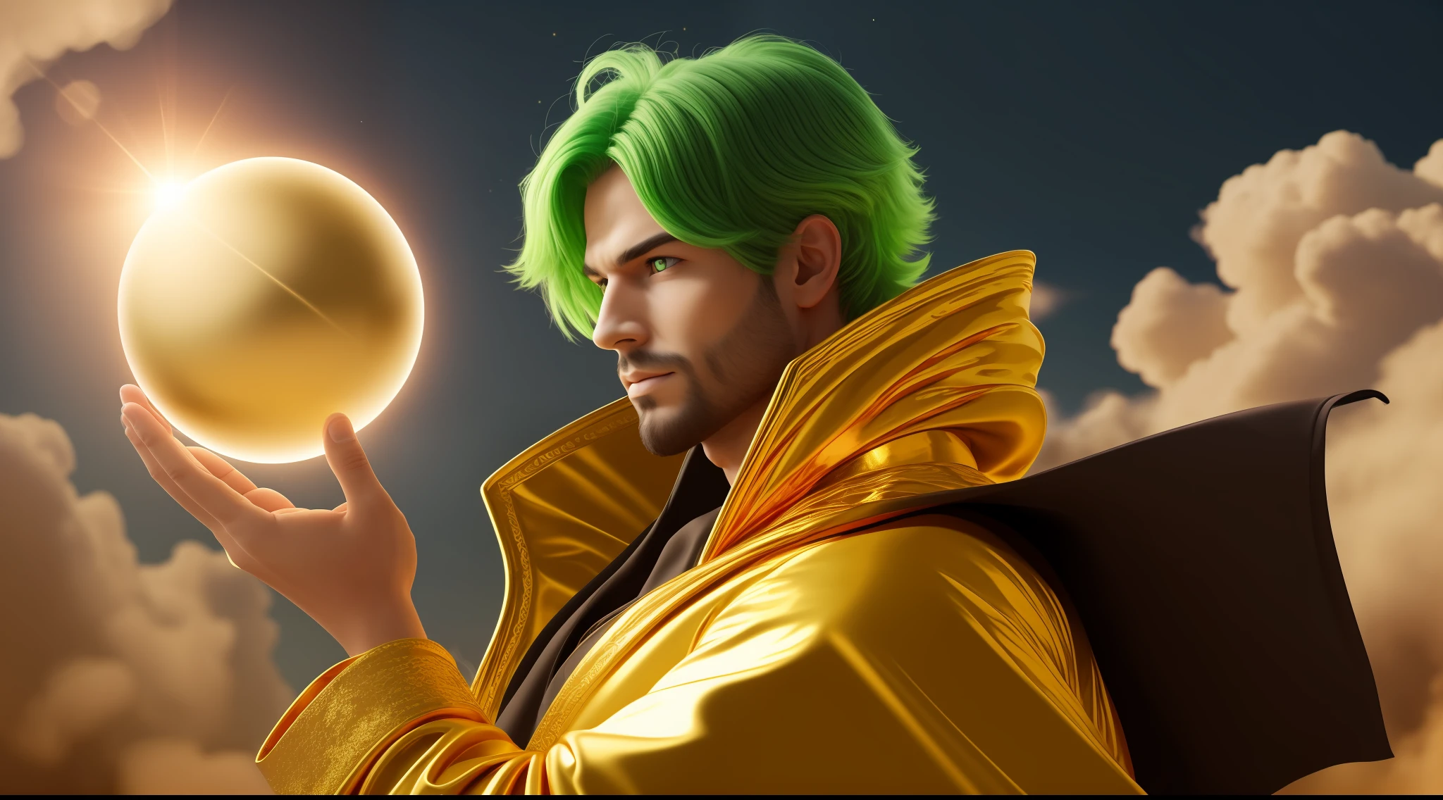 Generate a man on earth holding a smoky planet, with green hair and gold robe and cool background