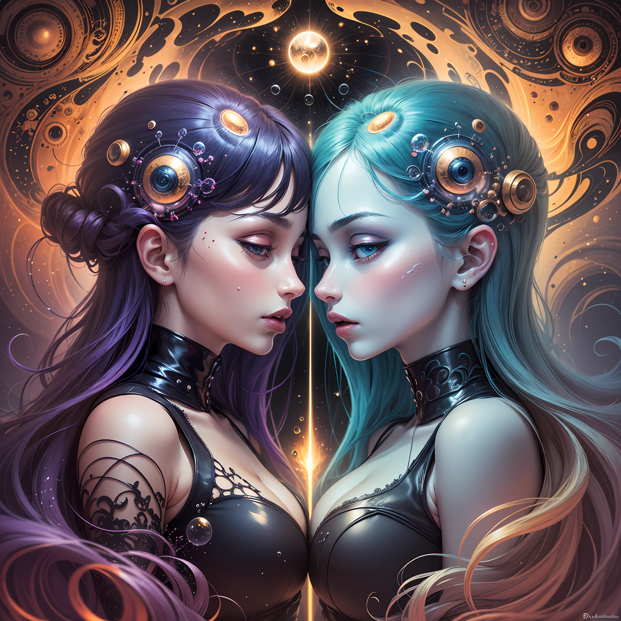 Two heads; technologies futuristic :: magic, twins Gemini opposites yin and Yang Symmetrical faces by Rob gonsalves by Max Ernst by Cyril Rolando bubbles, melted, deformed, wire, distorted, blended, psychedelic coloured fog by (abstract reality) floating bioluminescent sparkles --auto --s2