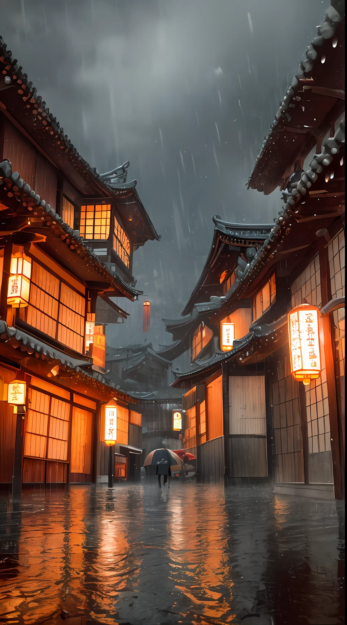 Arafed view of a village,a lot of lights on the buildings,dreamy Chinese towns,Chinese Village,amazing wallpapers,A Japanese town,Japanese village,surreal photo of a small town,old asian village,Japan city,Raymond Han,rainy evening, Cyberpunk ancient Chinese castle, Well-lit building, In the evening in the rain, Beautiful and aesthetic, photography of, cinematic ligh, 8k, high detal ((very heavy rain)))Horizon composition
