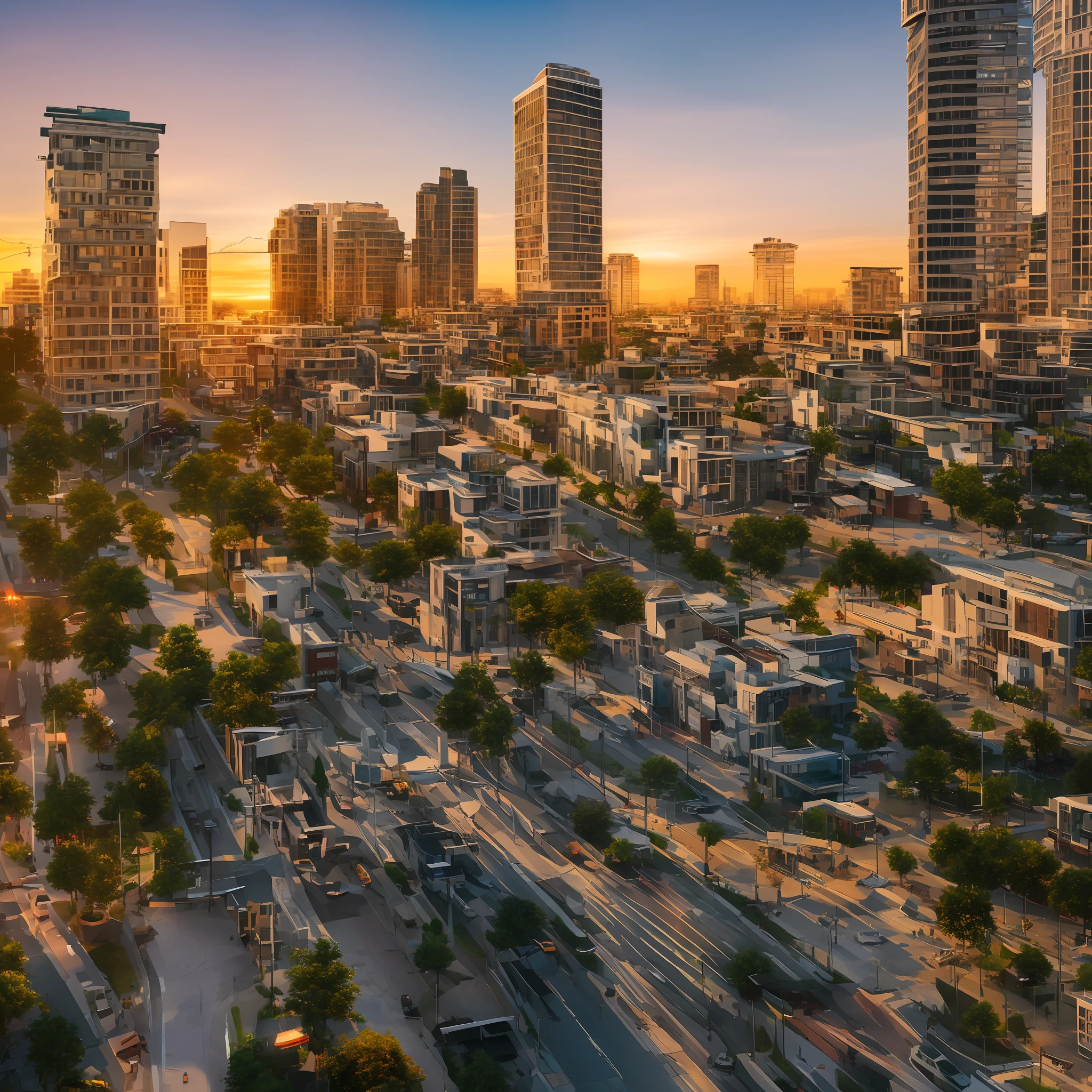 (View of an urban city full of buildings and streets full of cars at sunset) RTX RAY TRACING) 8K --auto